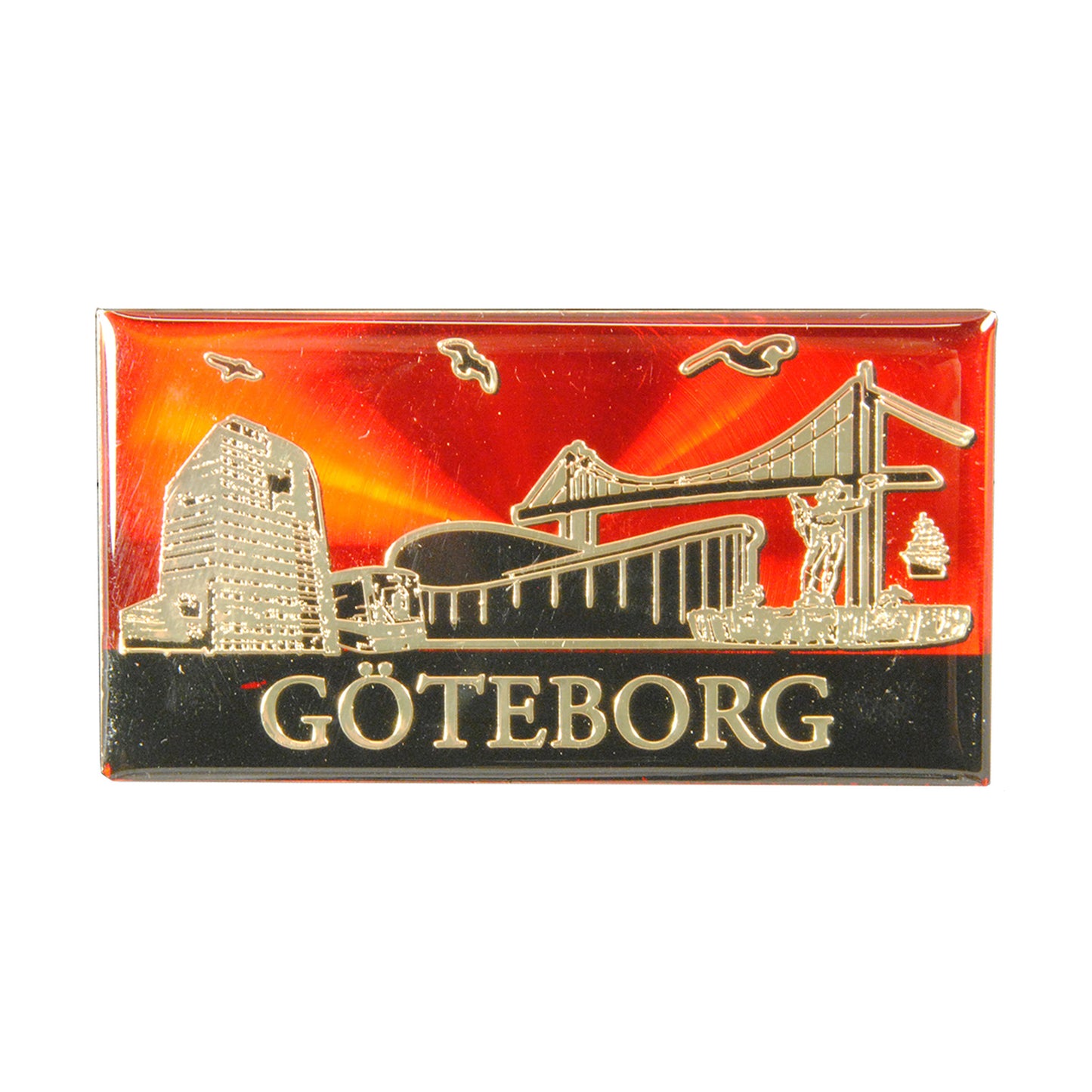 Souvenirmagnet i epoxi med Göteborgs skyline, med röd bakgrund och fin lyster.