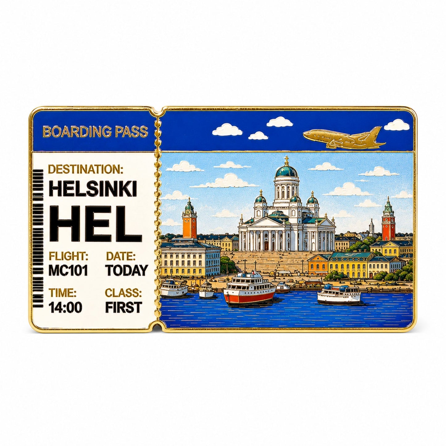Magnet i form av ett boardingpass med destination Helsingfors och flyginformation till vänster. Till höger visas en bild av Helsingfors stadssiluett med domkyrkan och hamnen med båtar.