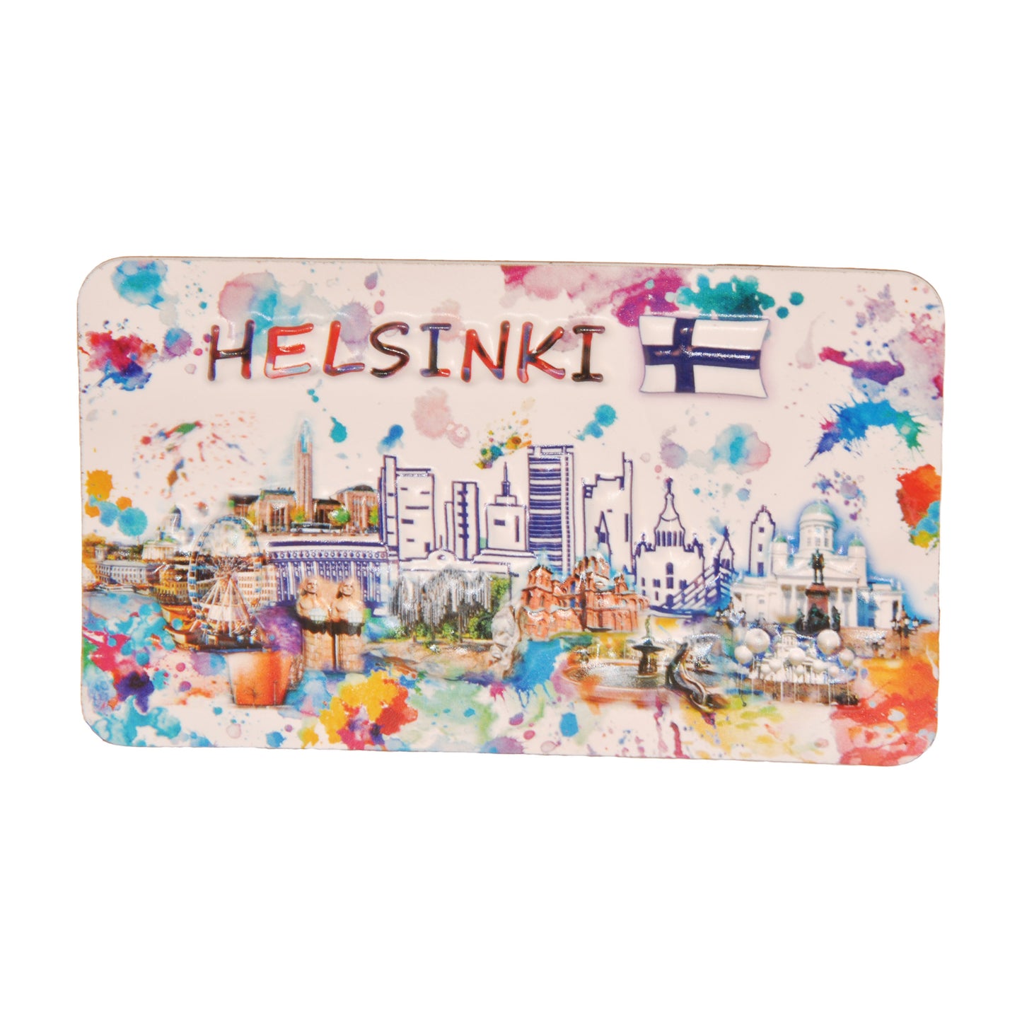 Färgglad pop-up magnet med motiv av Helsingfors landmärken, den finska flaggan och texten "Helsinki".