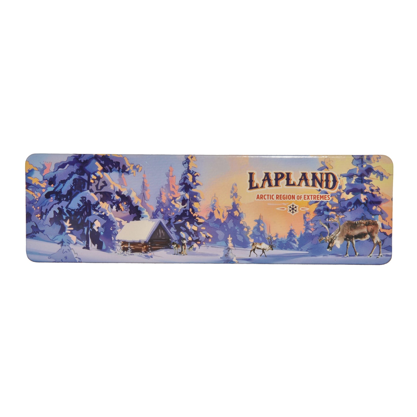 Magnet med motiv av ett storslaget arktiskt skogslandskap, där renar rör sig fritt, och texten "Lapland – Arctic Region of Extremes".