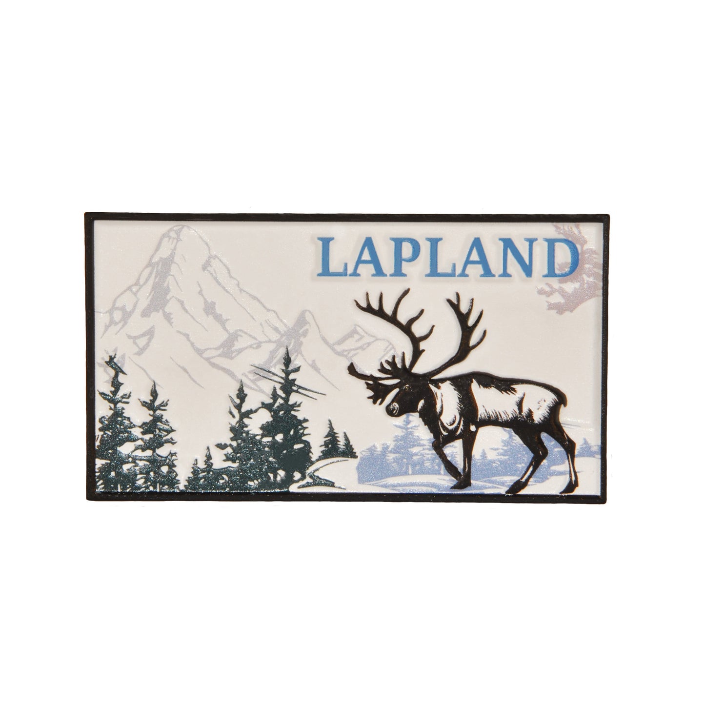 Rektangulär magnet med motiv av en ståtlig ren inramad av ett gnistrande vinterlandskap och texten Lapland.