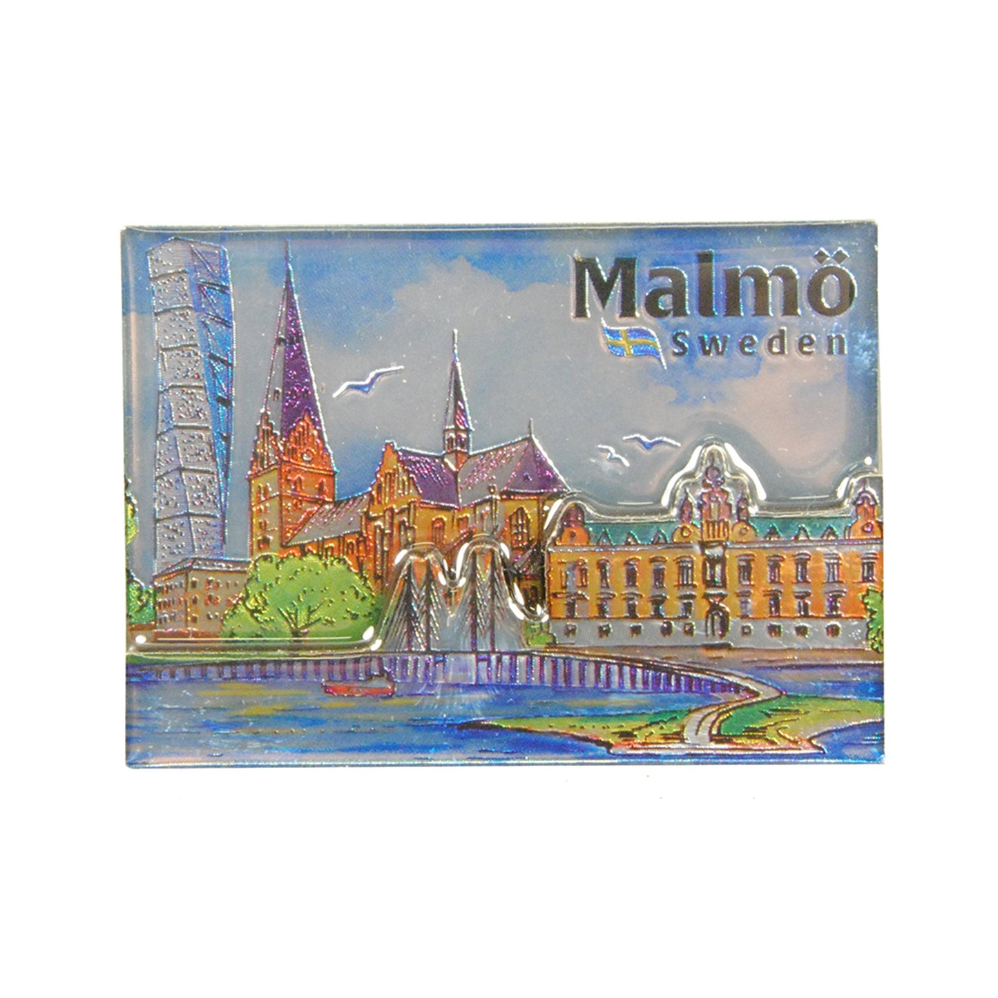 Souvenirmagnet med Malmömotiv i 2D-design. Illustrationen visar stadens landmärken i färg med fin komposition och tydlig djupverkan.