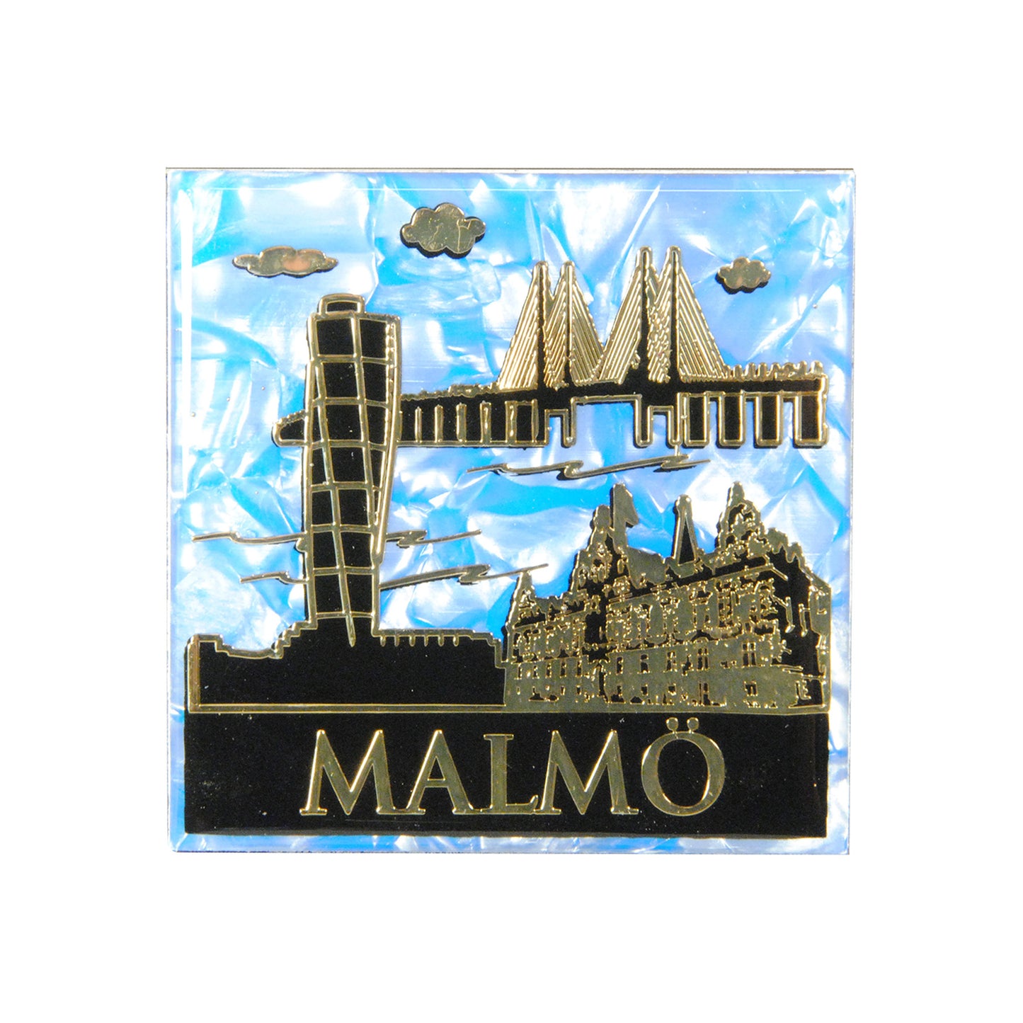 Souvenirmagnet med Malmömotiv och blå marmorerad bakgrund. Klassisk souvenir med tydliga illustrationer av Malmö i en stilren färgsättning.