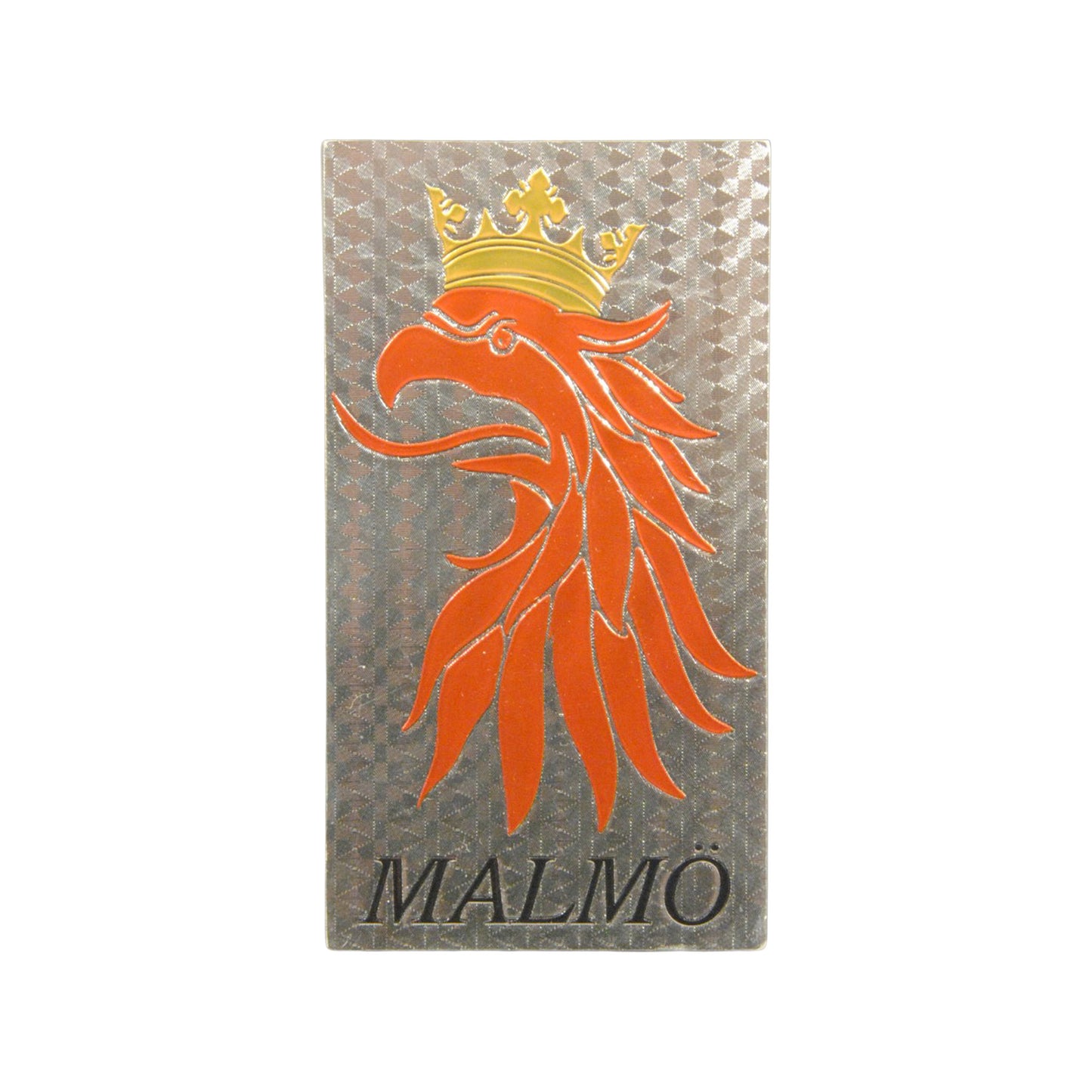 Baksidan av souvenirmagnet med Malmömotiv, visar Malmö stadsvapen i tydlig och stilren design.