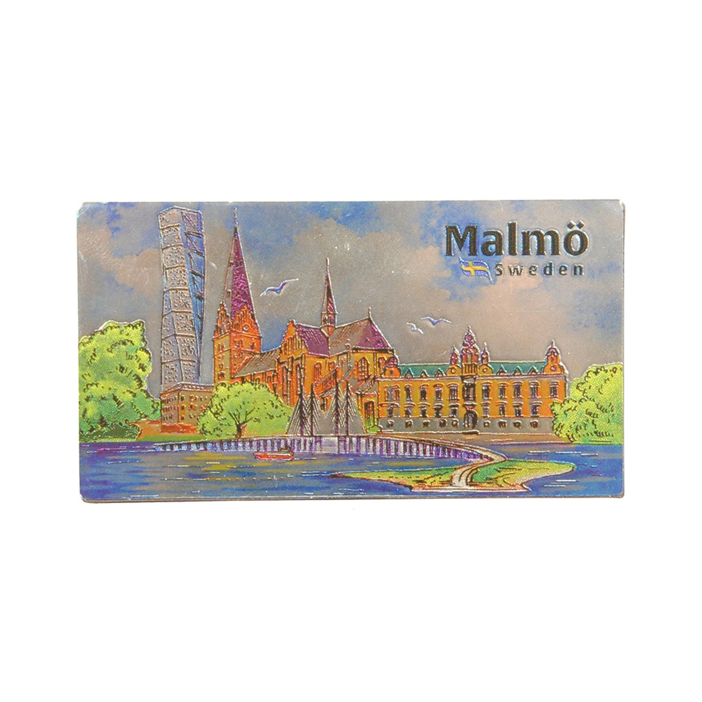 Souvenirmagnet med panoramavy över Malmö, 11 x 6 cm. Detaljerad och fin återgivning av stadens mest kända landmärken.