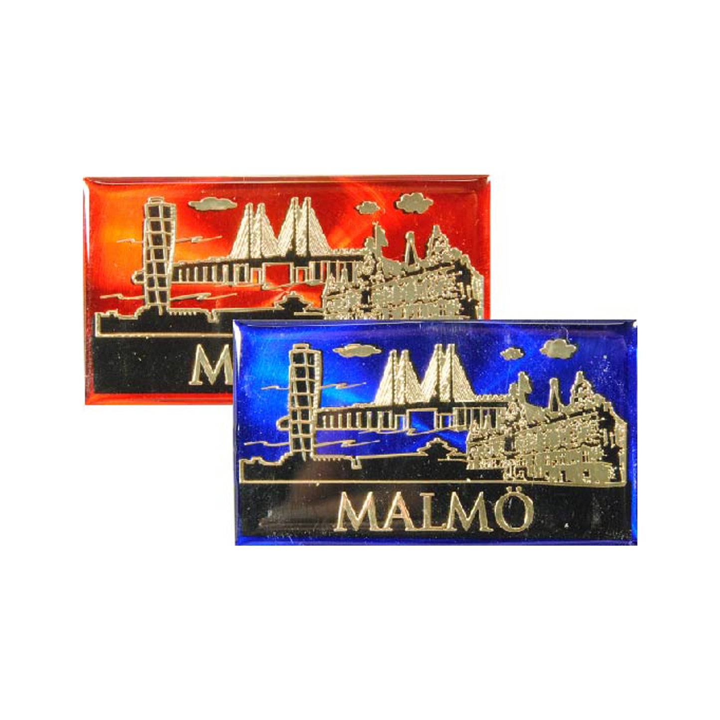 Två epoxymagneter med Malmö skyline, en i blått och en i rött. Färgstarka souvenirer med stilren siluett av staden.