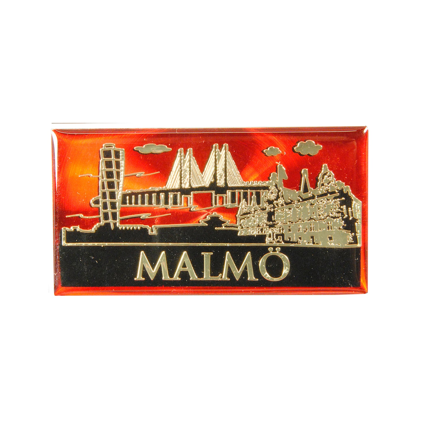 Epoxymagnet med guldfärgad och svart skyline av Malmö mot röd bakgrund. Stilfull och färgstark souvenir.