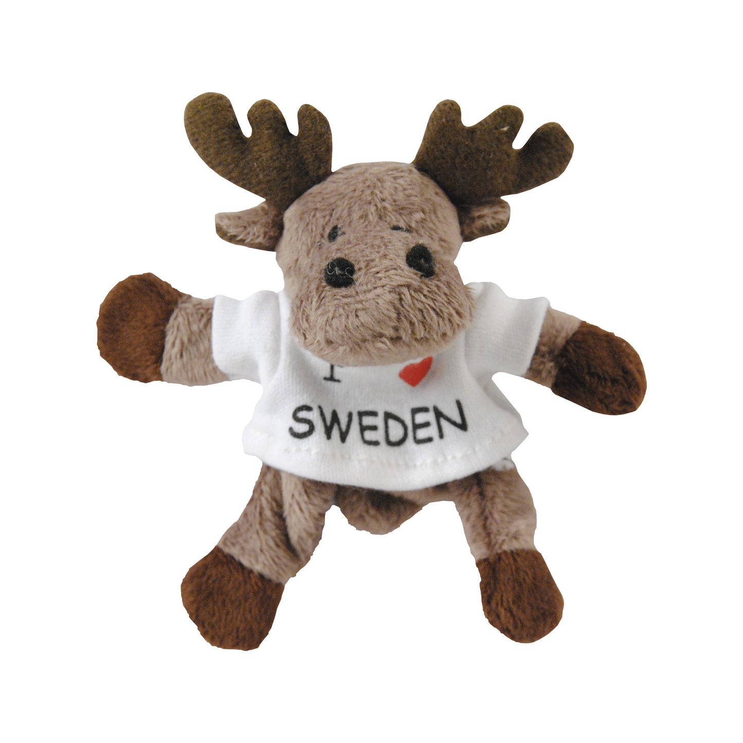 Liten 7 cm älg med "I Love Sweden"-tröja och magneter i ben och kropp – en söt och flexibel souvenir som fäster på kylskåp och andra metalliska ytor.