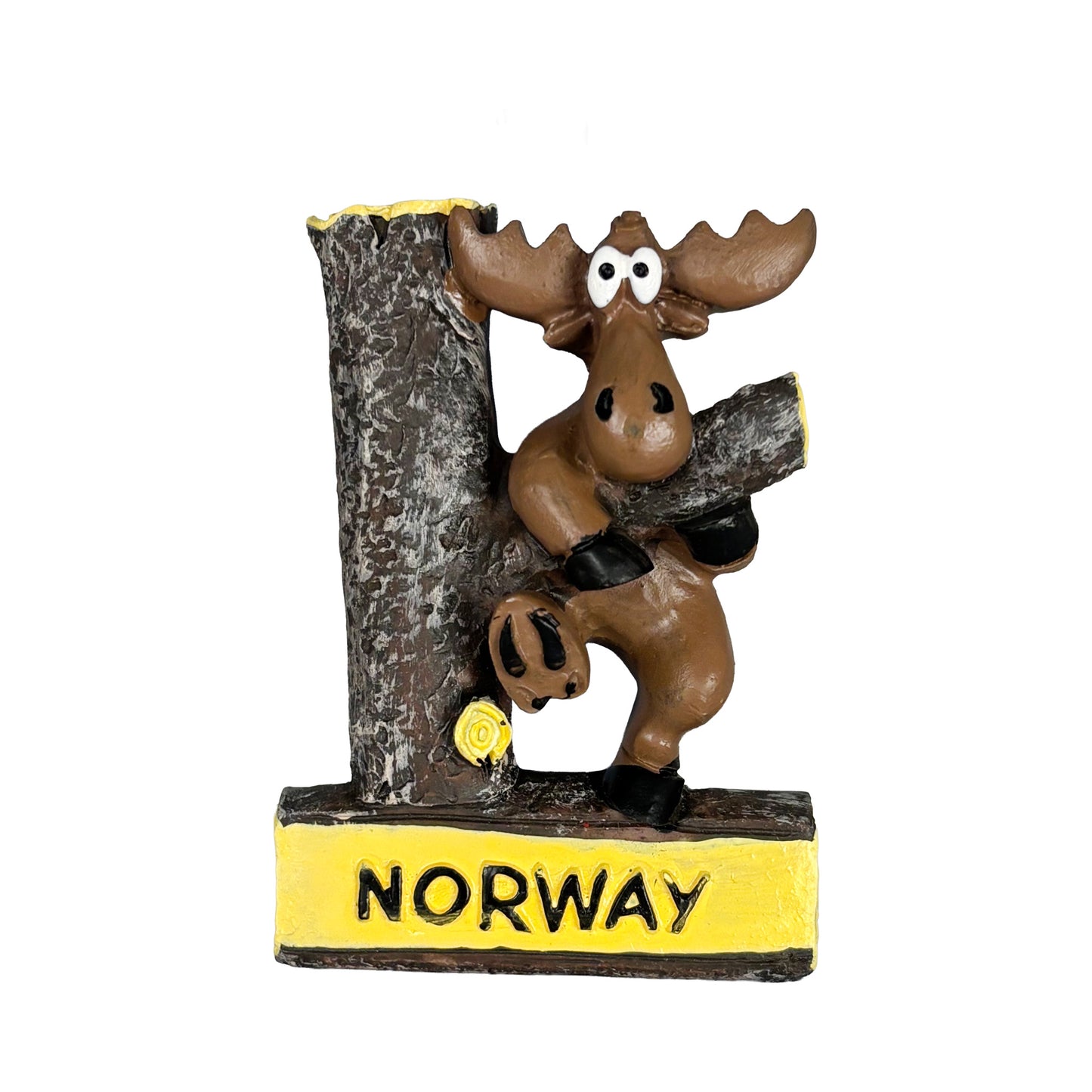 Magnet i form av en älg som kramar ett träd. Magneten pryds också av texten "Norway".