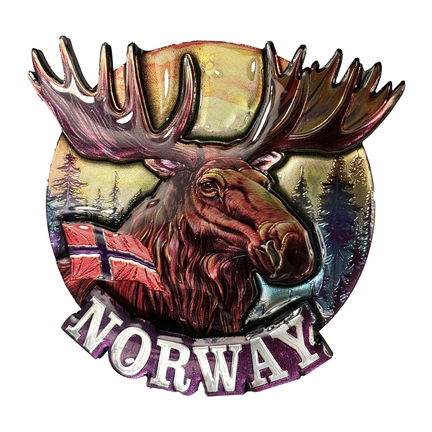 3D-magnet med ståtligt älghuvud i norsk vildmarksstil – en perfekt souvenir eller present som fångar Norges natur och äventyrskänsla.
