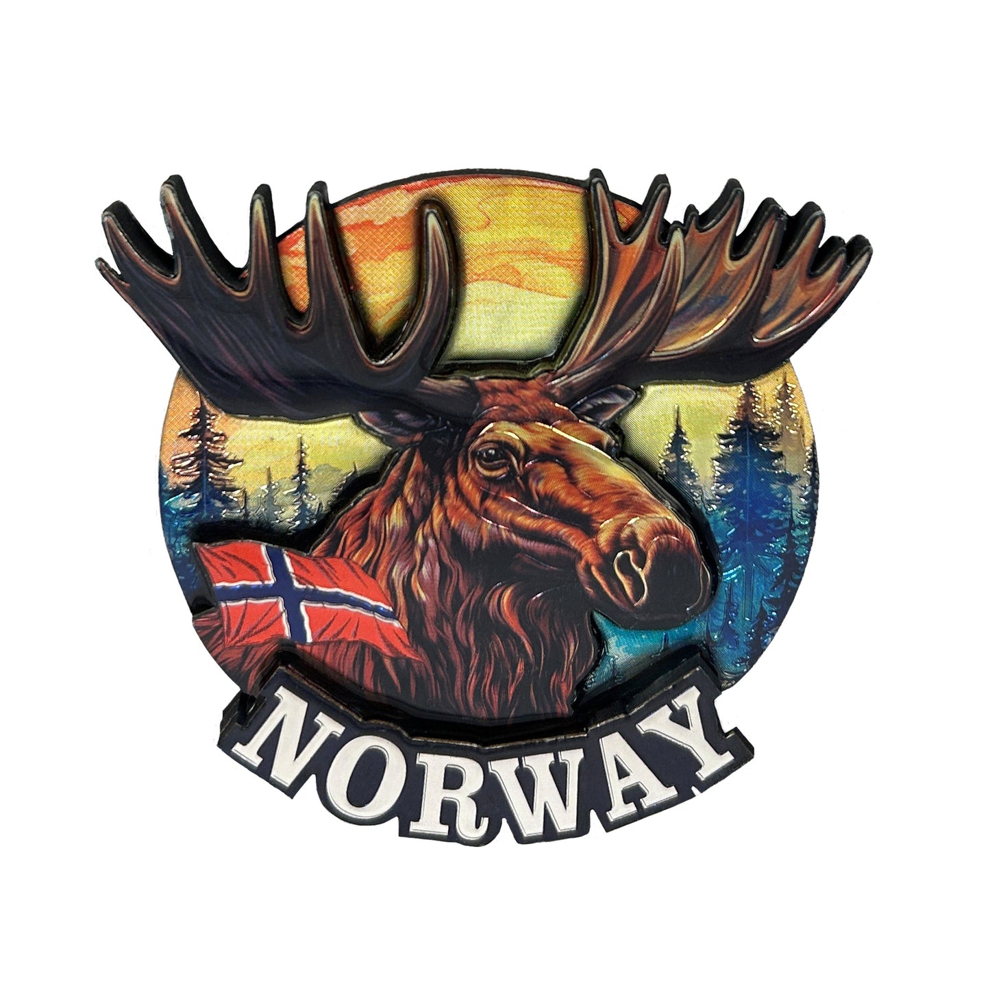 3D-magnet med ståtligt älghuvud i norsk vildmarksstil – en perfekt souvenir eller present som fångar Norges natur och äventyrskänsla.