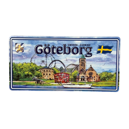 Magnet formad som en amerikansk registreringsskylt med texten "Göteborg", i retrostil med svensk design.