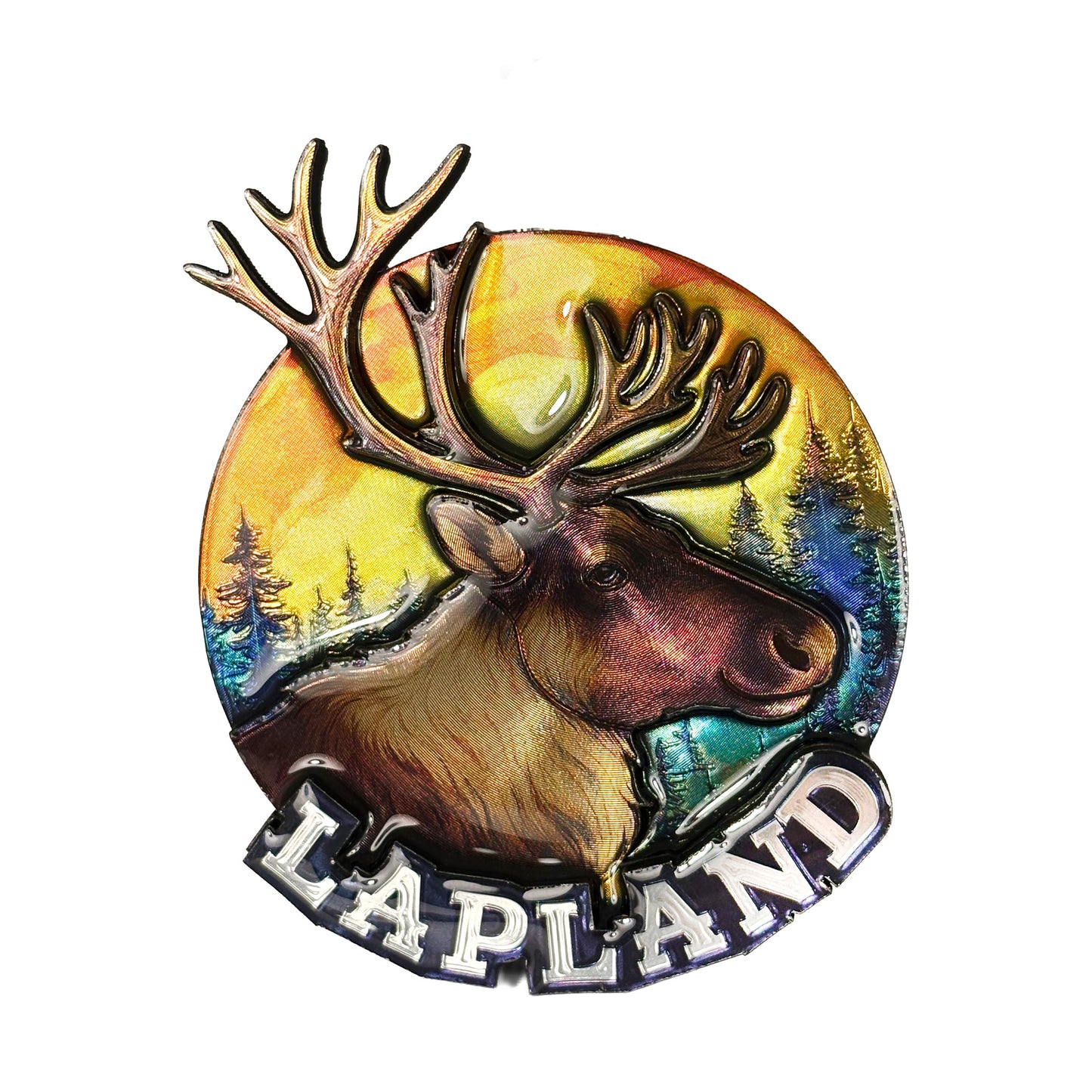 3D-magnet med renhuvud och texten "Lapland", liten och detaljrik med arktisk fjällkänsla.