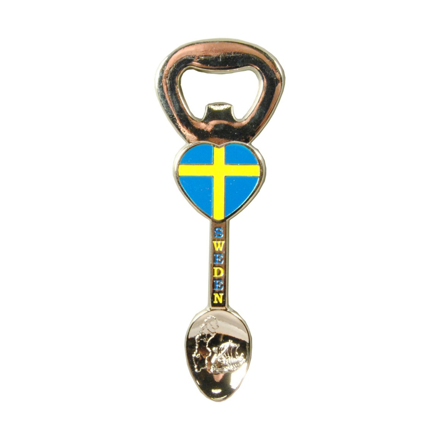 Souvenirmagnet i metall formad som en sked med Sverigekarta, vikingaskepp, ett hjärta med svenska flaggan och texten 'Sweden' – 11 x 3,7 cm, med flasköppnare och två starka magneter på baksidan.