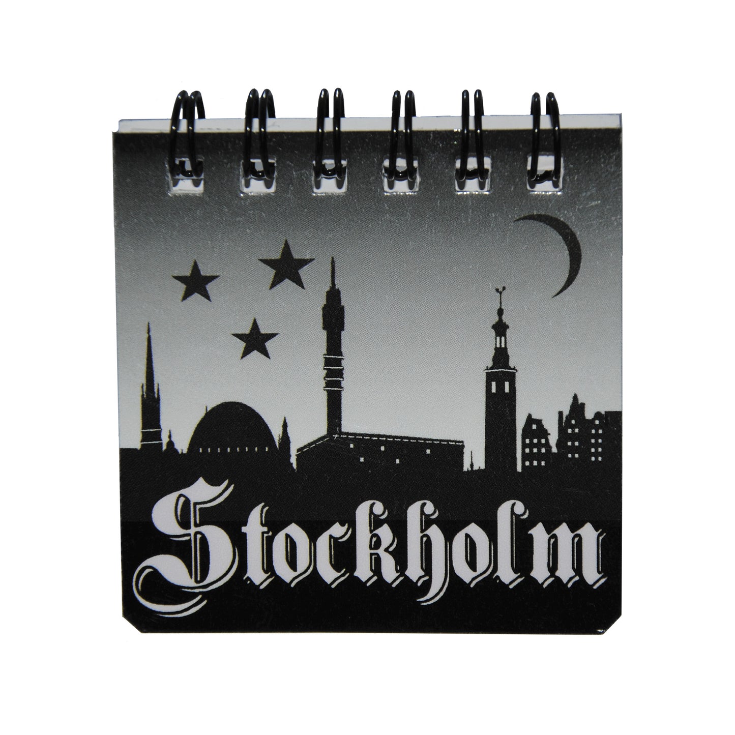 Souvenirmagnet i form av ett anteckningsblock, 6 x 6 cm, med Stockholms skyline nattetid som motiv. Praktisk och dekorativ kylskåpsmagnet.