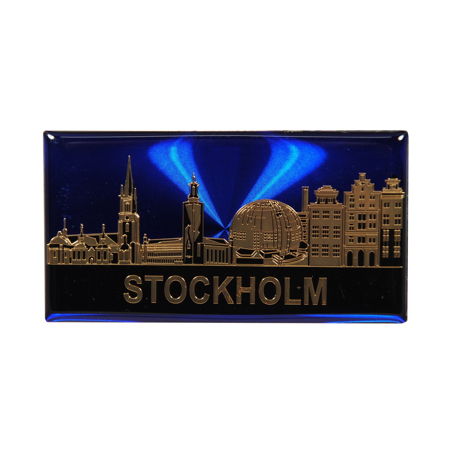 Epoxymagnet med Stockholms skyline i guld på blå bakgrund. Stilren och elegant souvenir med tydlig kontrast.