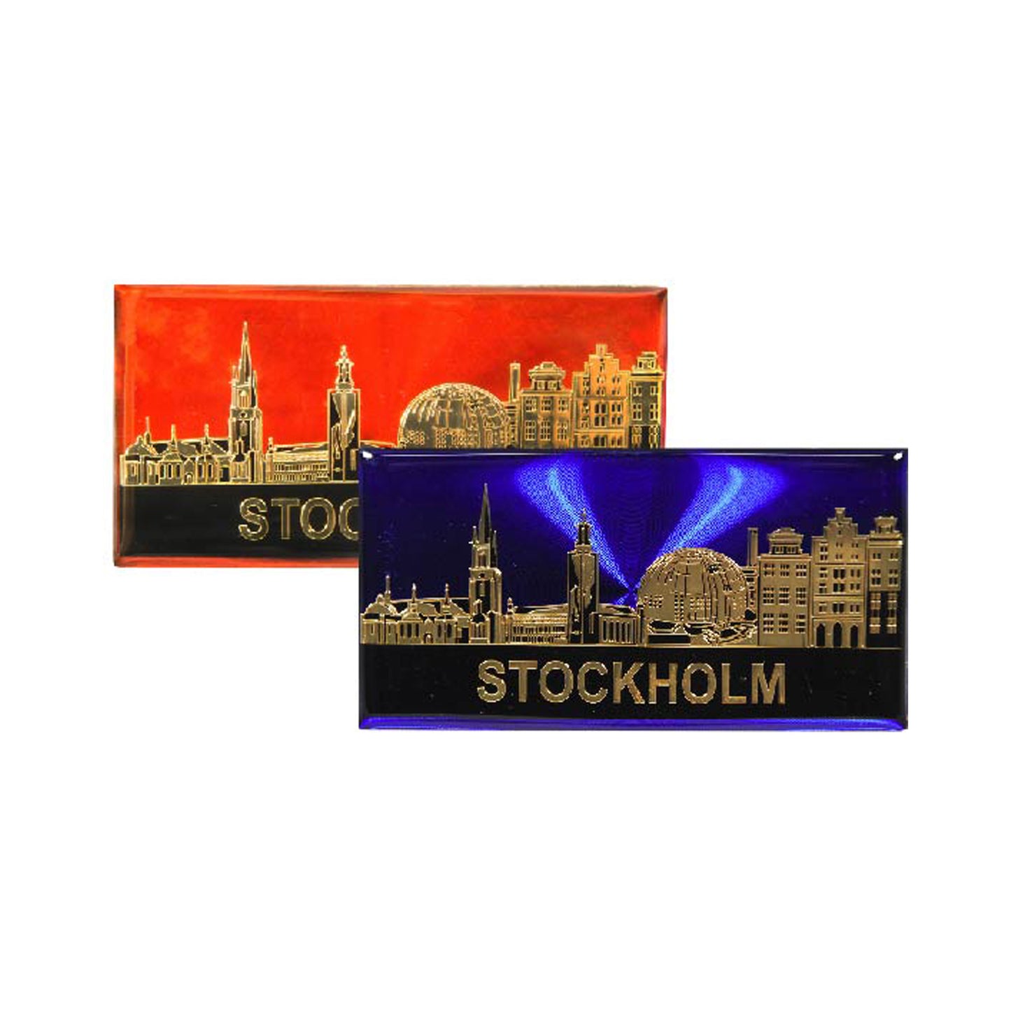 Två epoxymagneter med Stockholms skyline i guld, en med röd bakgrund och en med blå bakgrund. Stilfulla souvenirer med tydlig kontrast och elegant design.