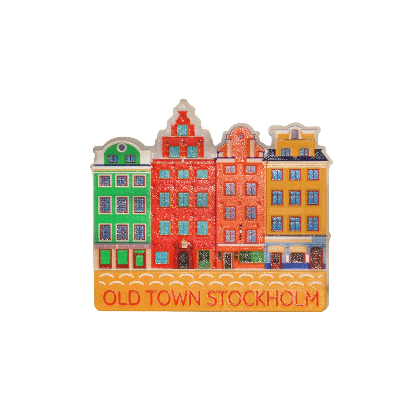 Magnet som föreställer de färgglada byggnaderna på Stockholms ikoniska Stortorget, i hjärtat av Gamla Stan.