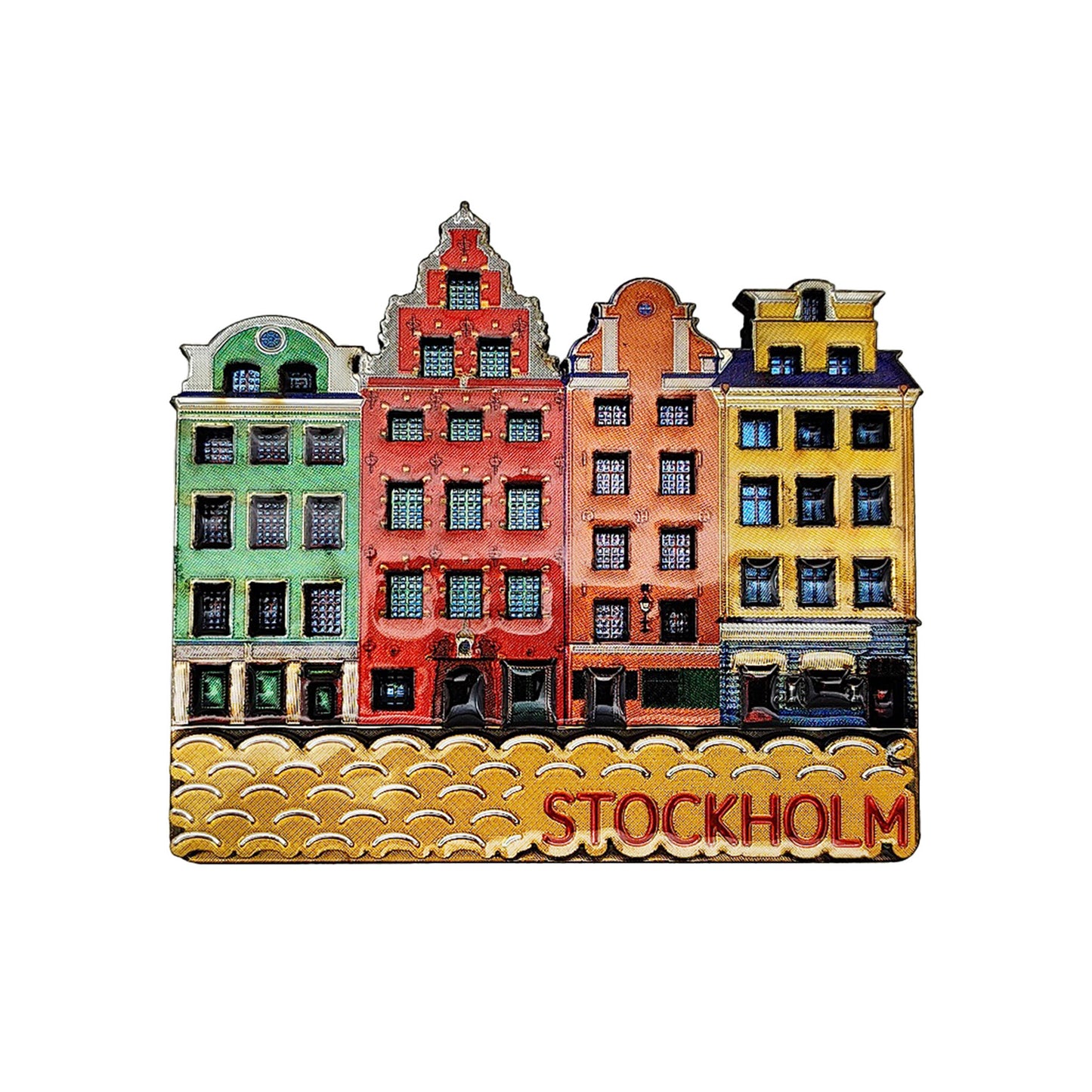 Tredimensionell kylskåpsmagnet med färgglada hus från Stortorget i Gamla Stan, Stockholm.