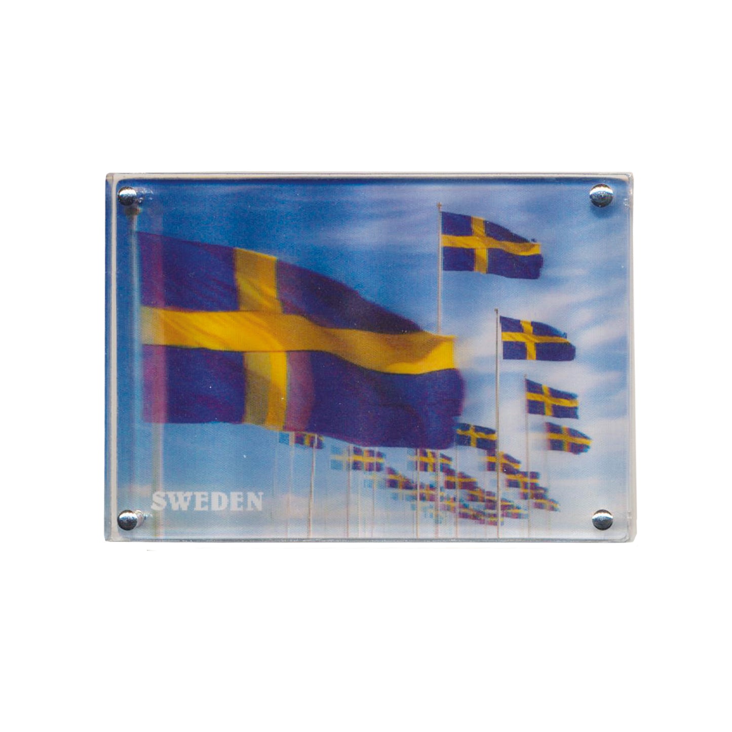 Souvenirmagnet med svensk flagga i full 3D-effekt. Djup och tydliga färger gör magneten extra framträdande och dekorativ.