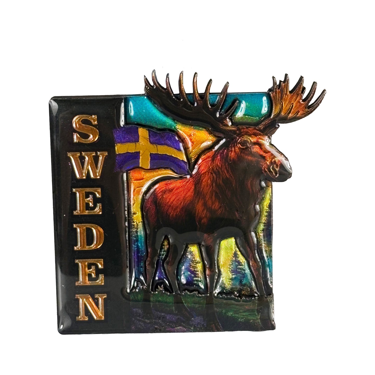 Magnet med stående älg och texten "Sweden", en klassisk svensk souvenir.