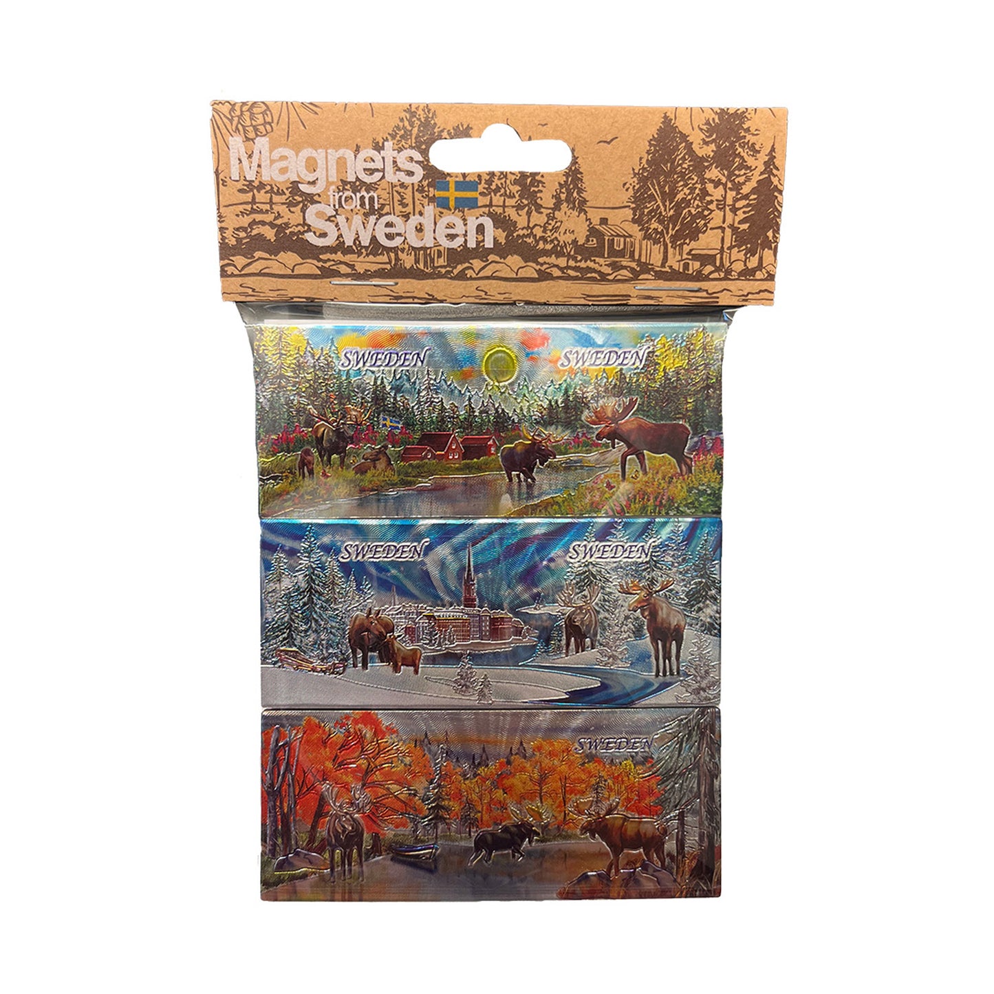 3-pack magneter med älgmotiv och texten "Sweden", inspirerade av svensk natur.