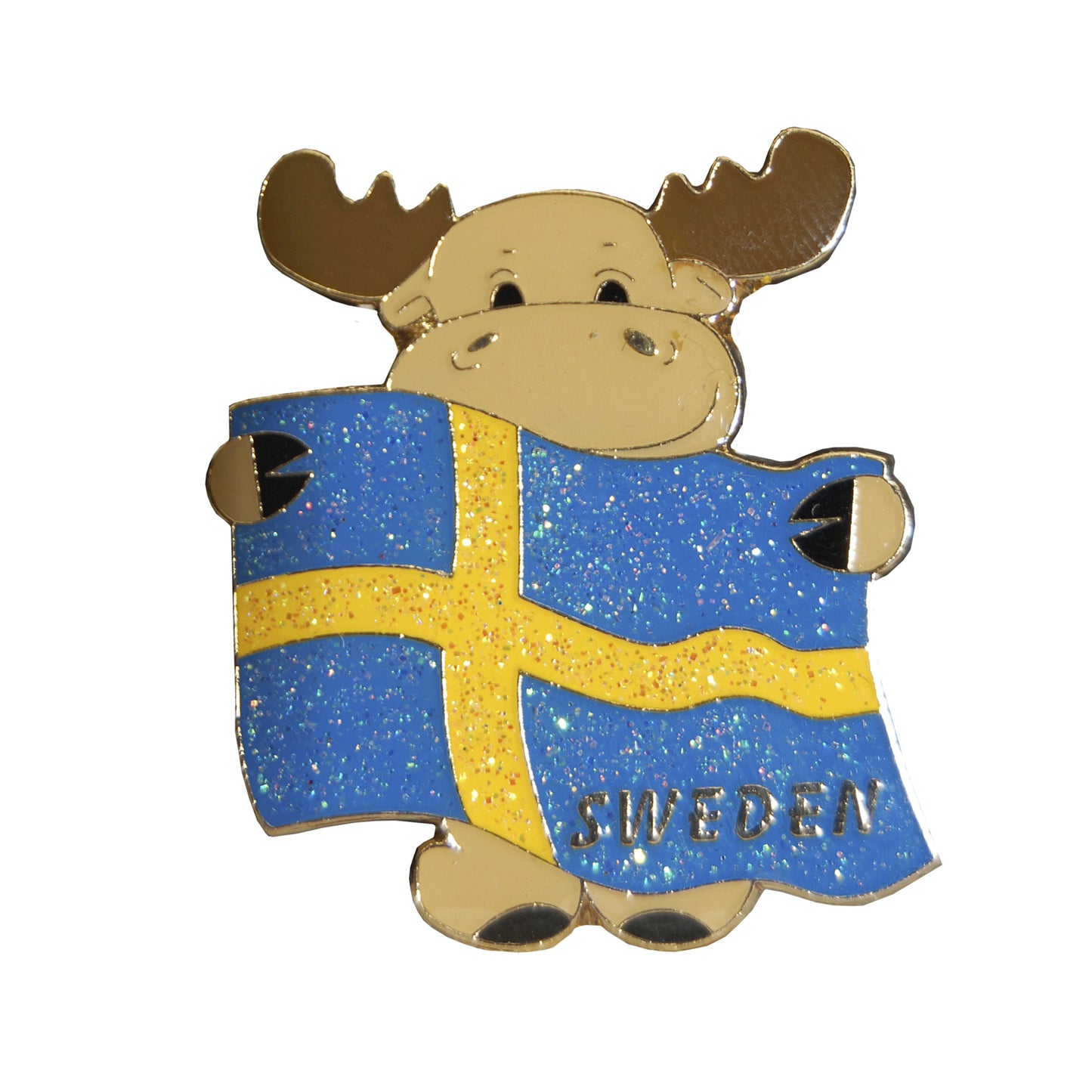 Metallmagnet med älgfigur som håller en svensk flagga med glittrande lyster. Texten "Sweden" finns med. En charmig och färgstark souvenirmagnet.