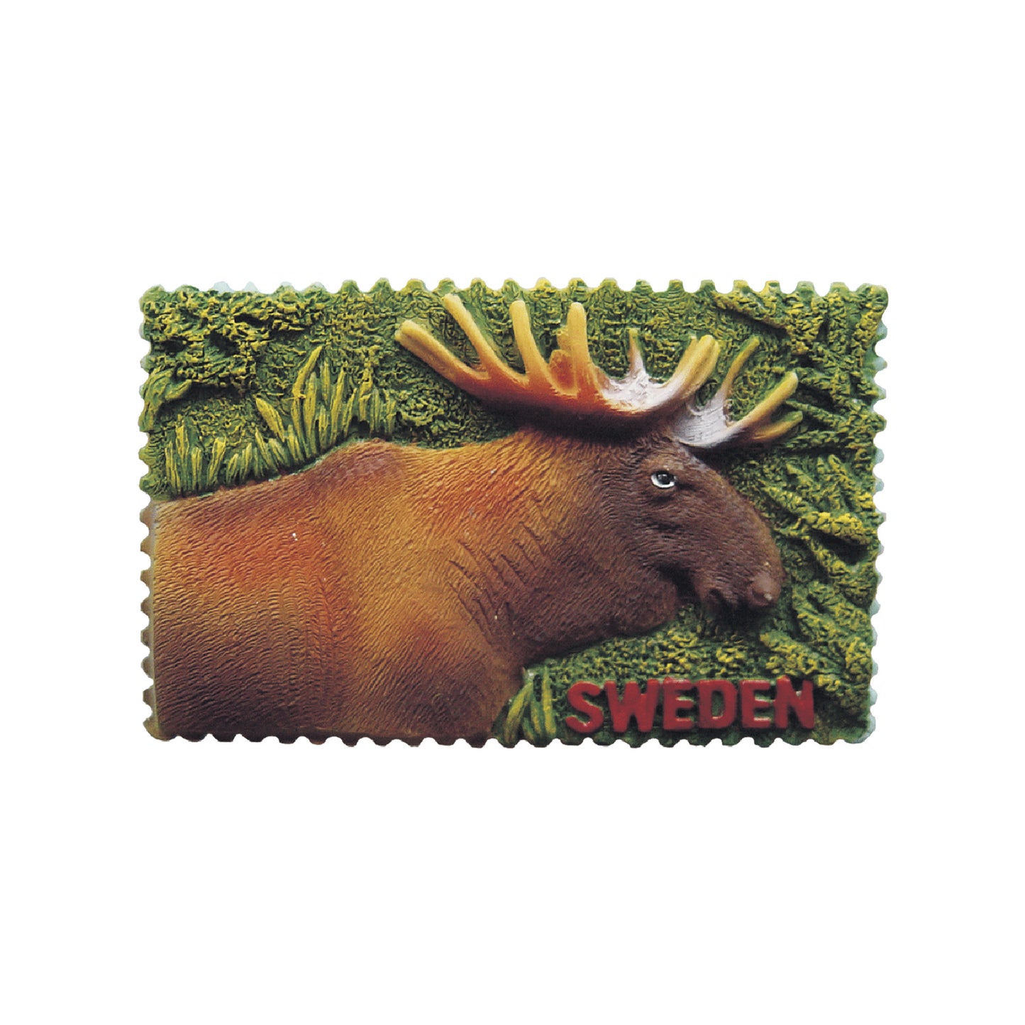 Souvenirmagnet formad som ett frimärke med motiv av älg och texten "Sweden". Fint målad och utrustad med stark magnet på baksidan.