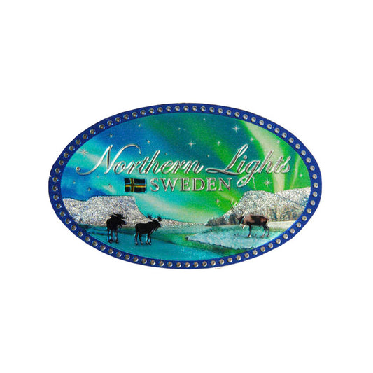 Oval souvenirmagnet med motiv av Lapporten och norrsken, utförd i folieteknik som ger norrskenet en vacker lyster. Magneten pryds också av texten "Northern Lights Sweden" och en svensk flagga.
