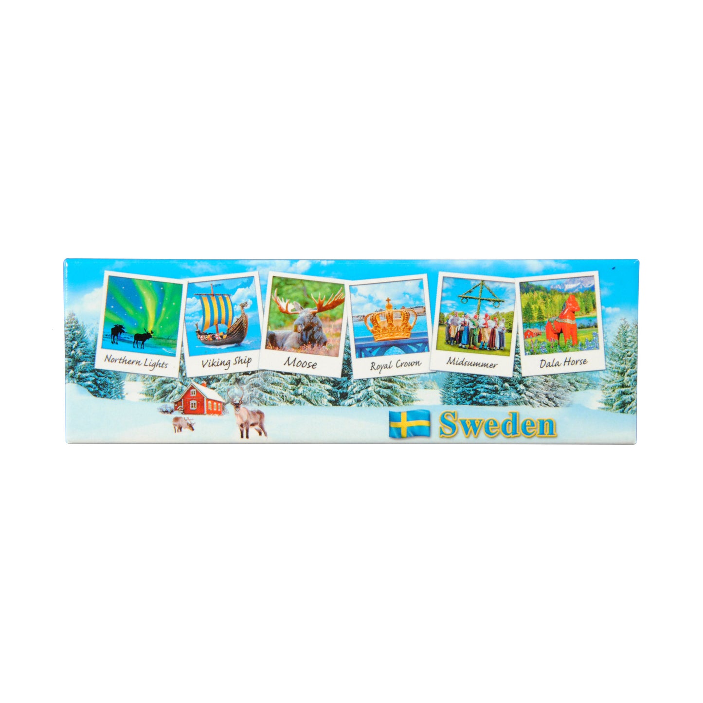 Souvenirmagnet med texten "Sweden", med ett svenskt vintermotiv i bakgrunden och polaroidbilder från olika delar av Sverige i förgrunden.