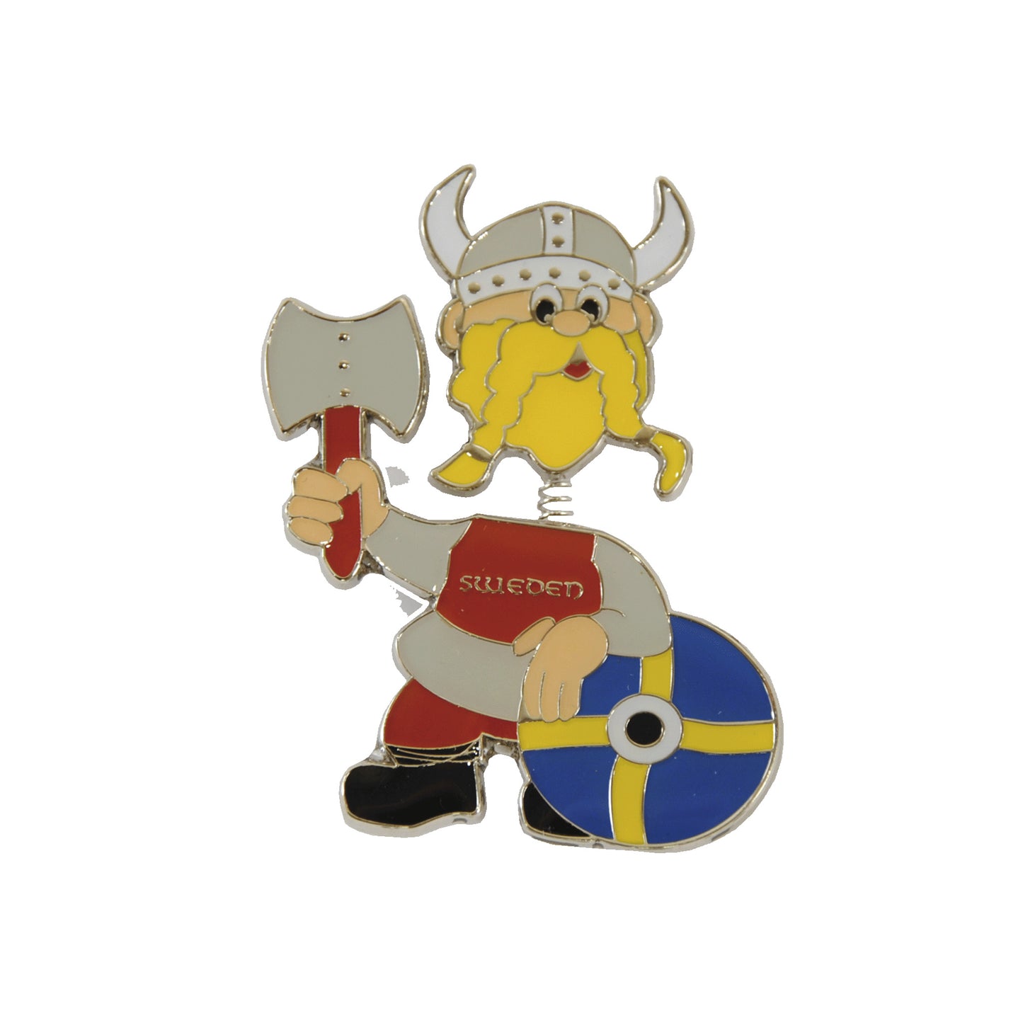 Metallmagnet med tecknad viking och texten Sweden – vikingens huvud, inspirerat av Harald Hårfager, är rörligt och ger magneten ett lekfullt uttryck.