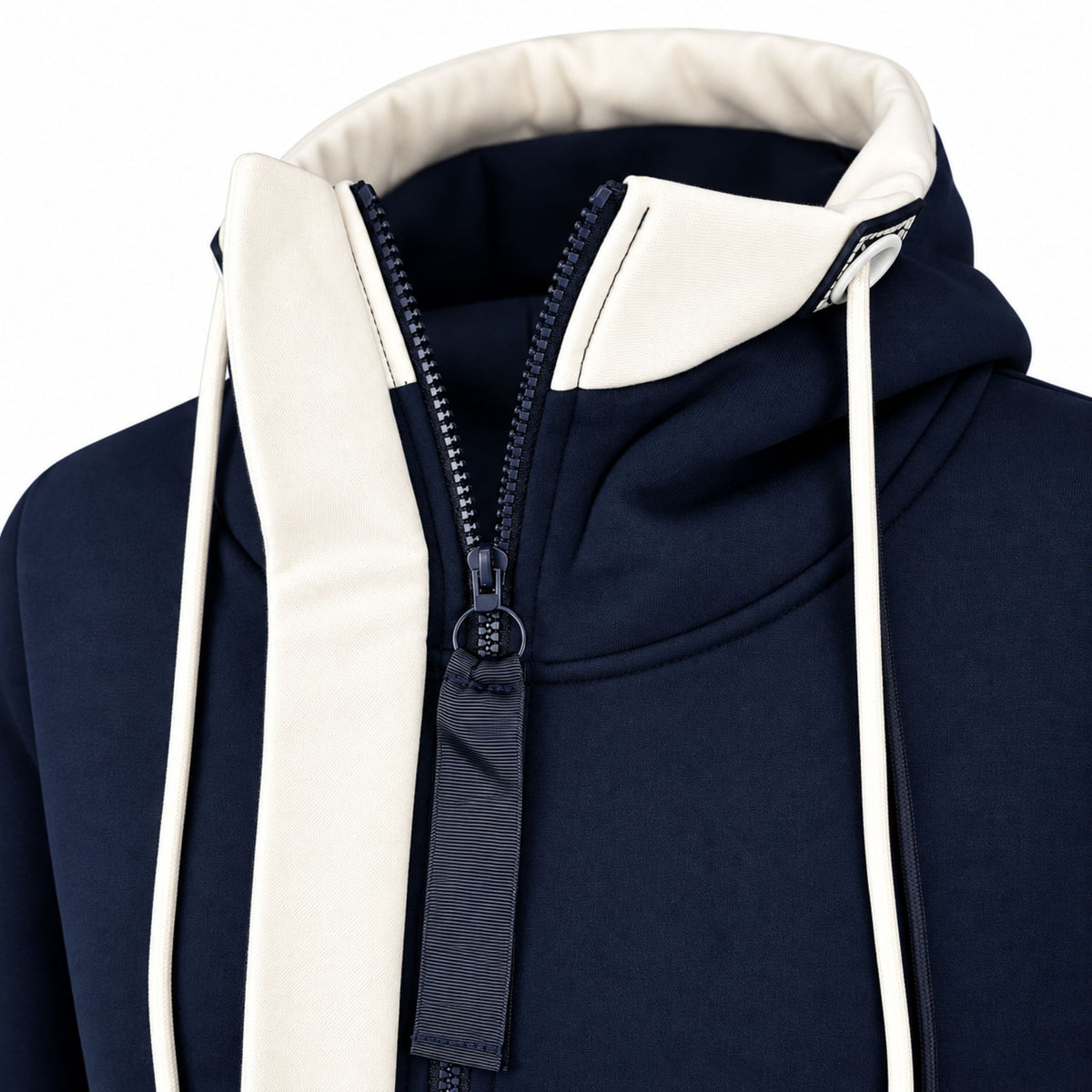 Närbild av marinblå zipper hoodie som visar kragen, delar av snörena och dragkedjan.