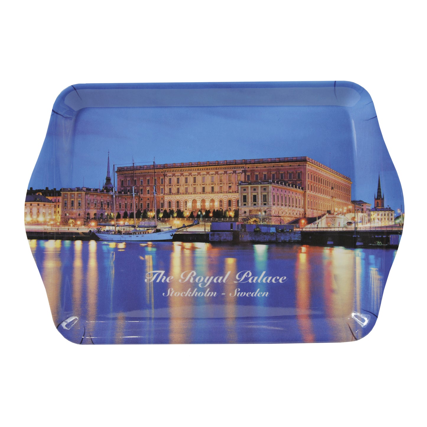 Melaminbricka 29 x 20 cm med motiv av Stockholms slott. Robust och maskindiskvänlig bricka, perfekt för en lyxig frukostservering.
