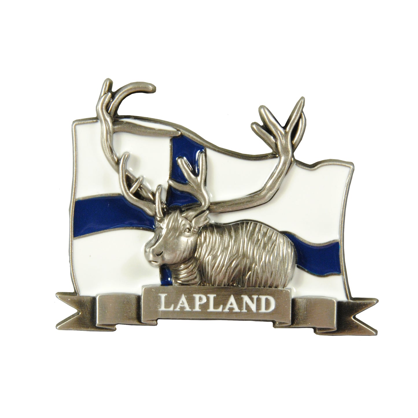 Magnet med ren framför finsk flagga och texten "LAPLAND".