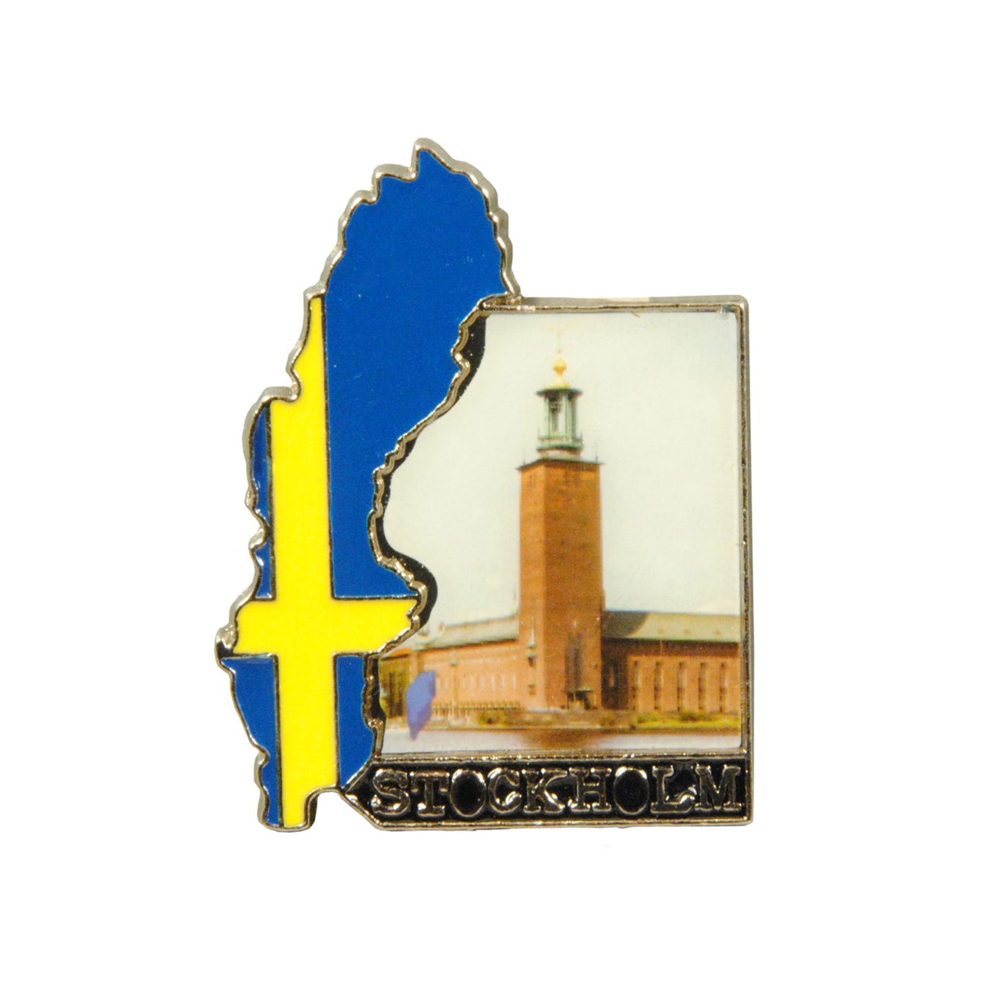 Metallmagnet med motiv av Stockholms stadshus och karta över Sverige med svensk flagga.