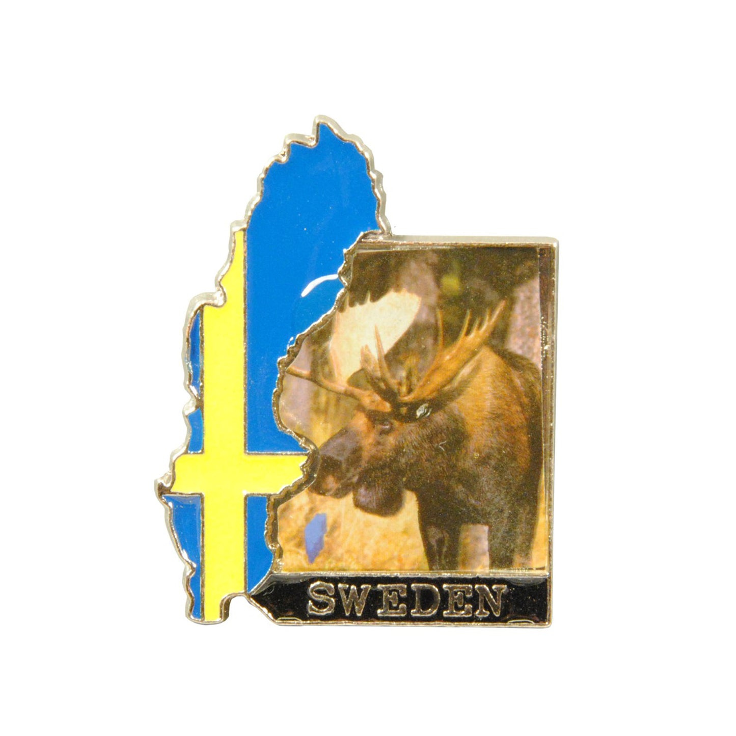 Magnet med motiv av en älg, texten "Sweden", svenska karta med svensk flagga. Produkten har dessvärre utgått.