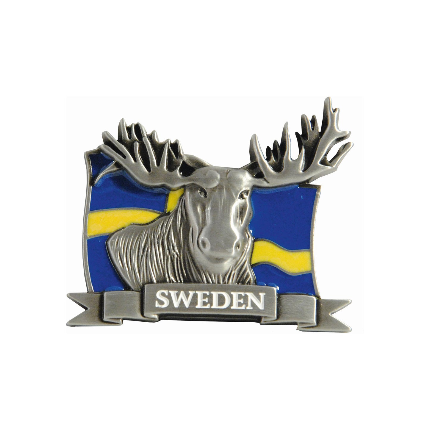 Metallmagnet med detaljrikt och verklighetstroget älghuvud framför en svensk flagga. Under älghuvudet finns en banderoll med texten "Sweden". Storlek 6,5 x 5,5 cm. En imponerande souvenir med tydlig svensk prägel.
