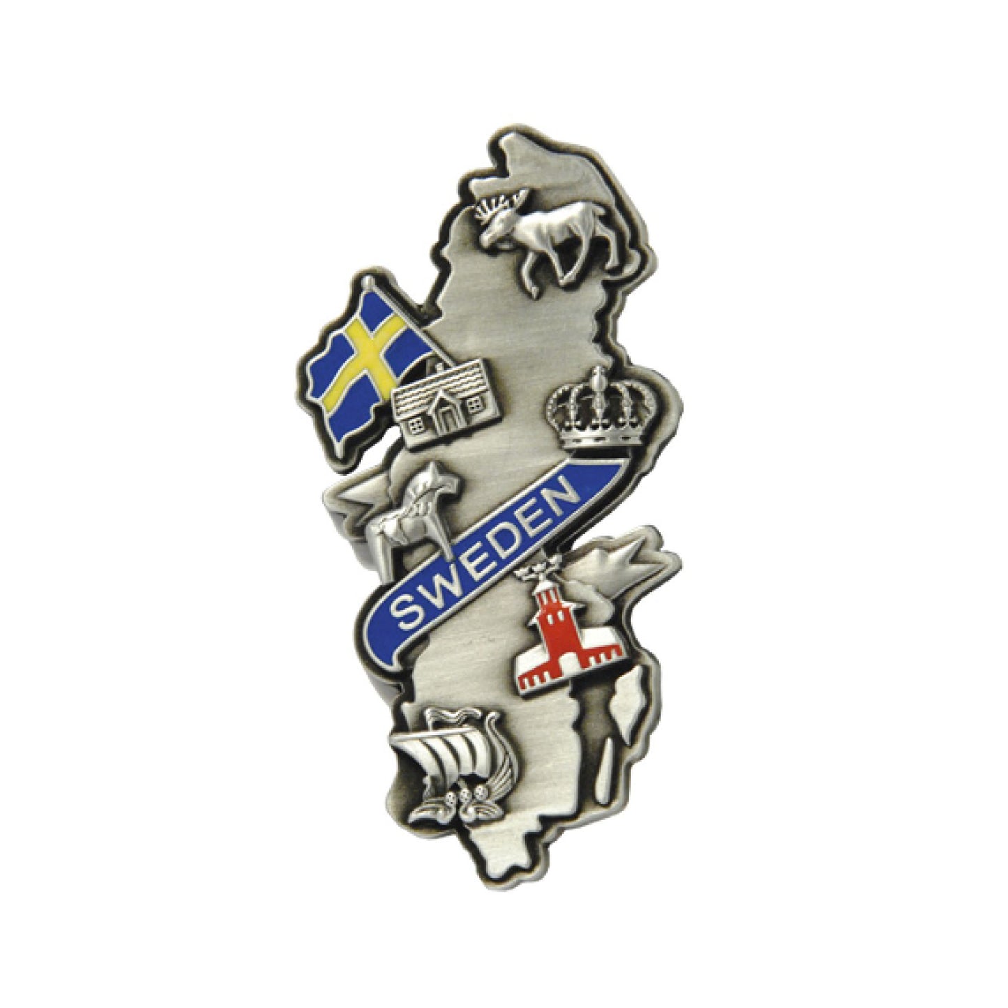 Metallmagnet med Sveriges karta, texten "Sweden" och typiskt svenska motiv som vikingaskepp, dalahäst och älg.