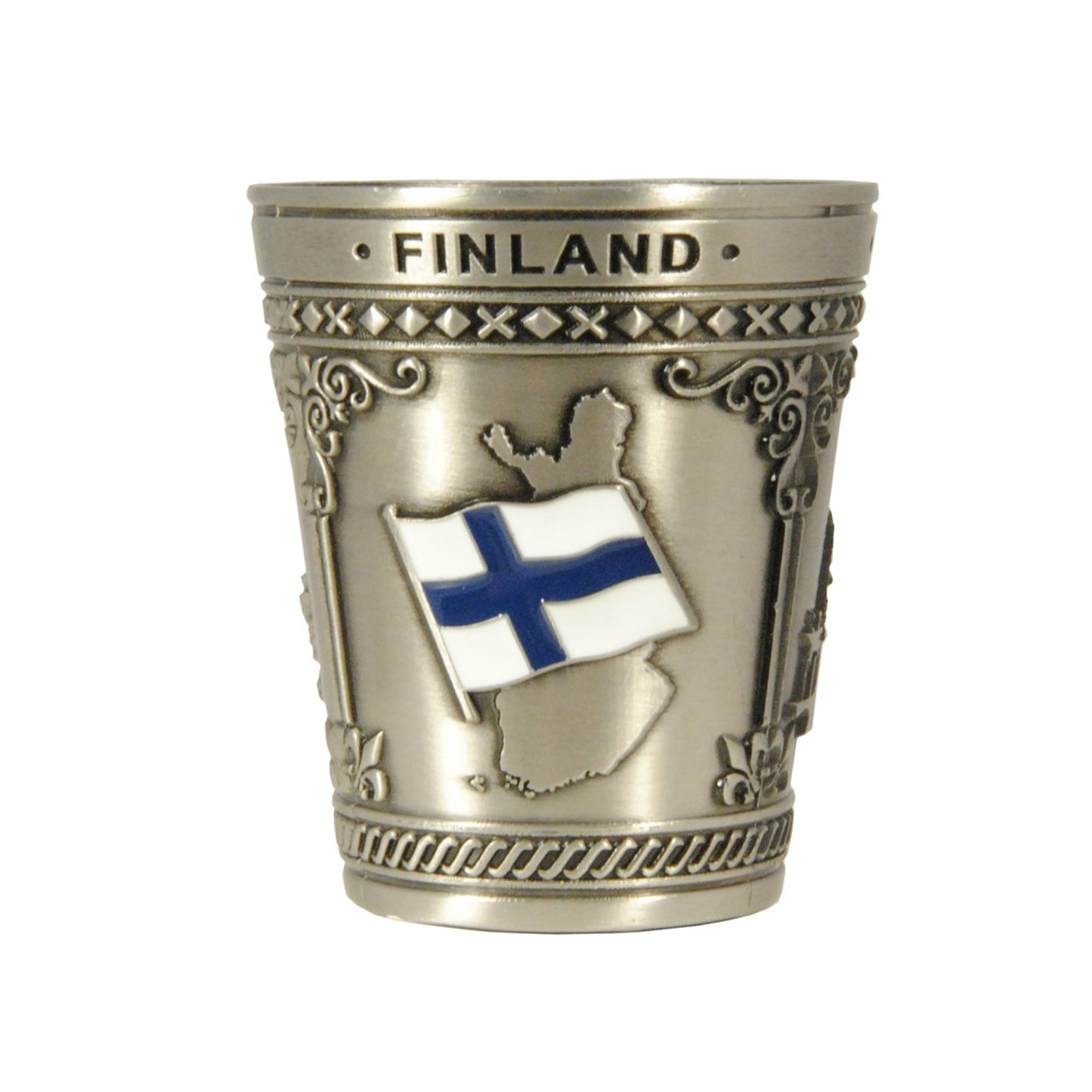 Metallshotsglas med tre olika motiv: finska kartan i 2D, finska flaggan i 3D, en ren och Helsingfors domkyrka – här syns kartan och flaggan, 5,5 cm hög souvenir med texten 'Finland.