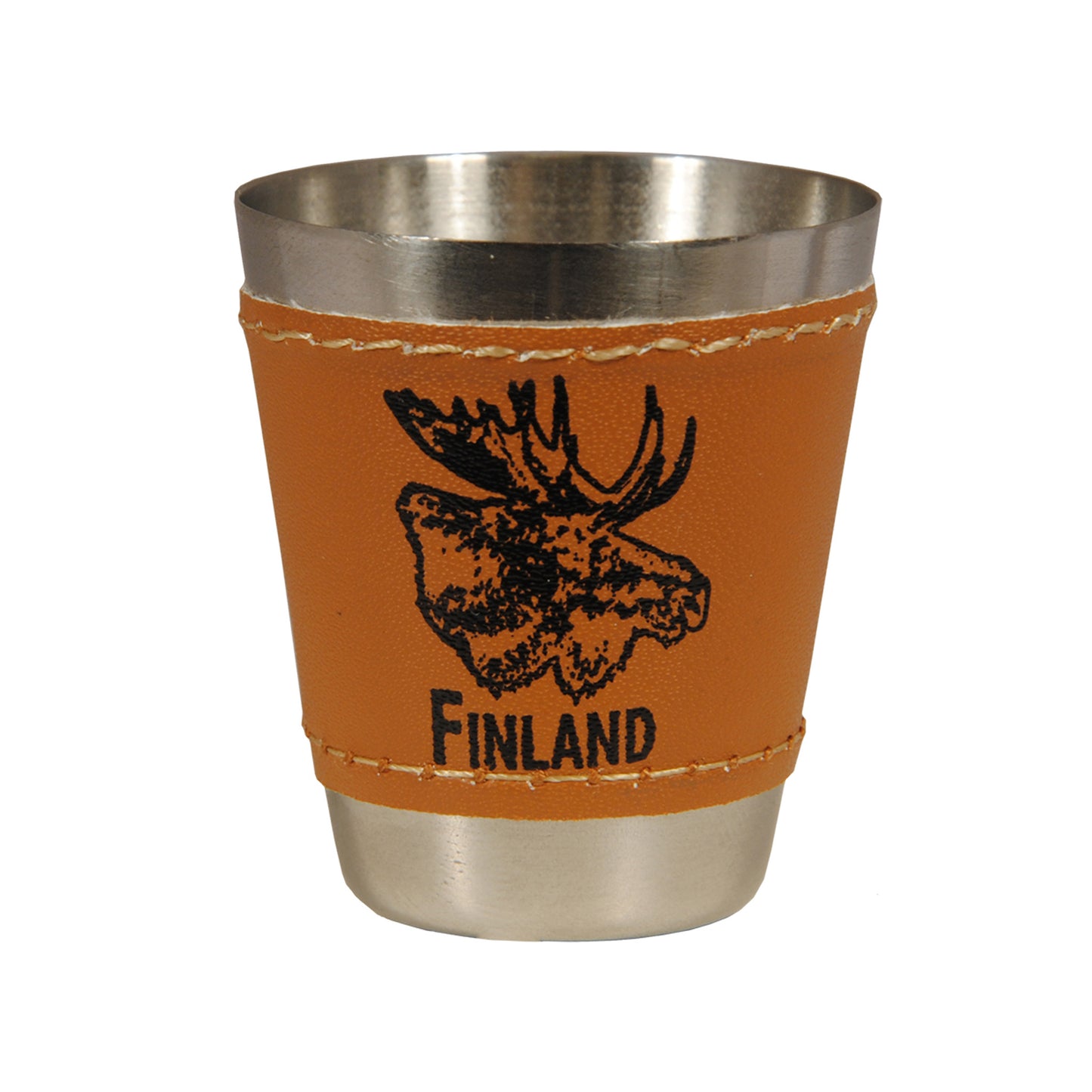 Litet metallshotglas med läderliknande hölje, motiv av ett älghuvud och texten 'FINLAND'.