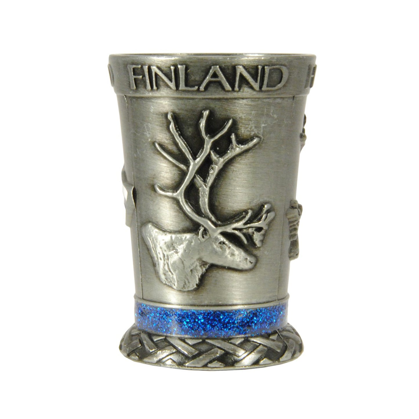 Metallshotglas med motiv av en ren som tittar åt höger och texten 'Finland', med blått glitter vid foten.