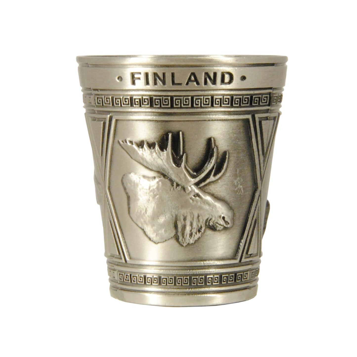 Metallshotglas med motiv av en älg och texten 'Finland'. Ett stilrent och vackert souvenirshotglas.