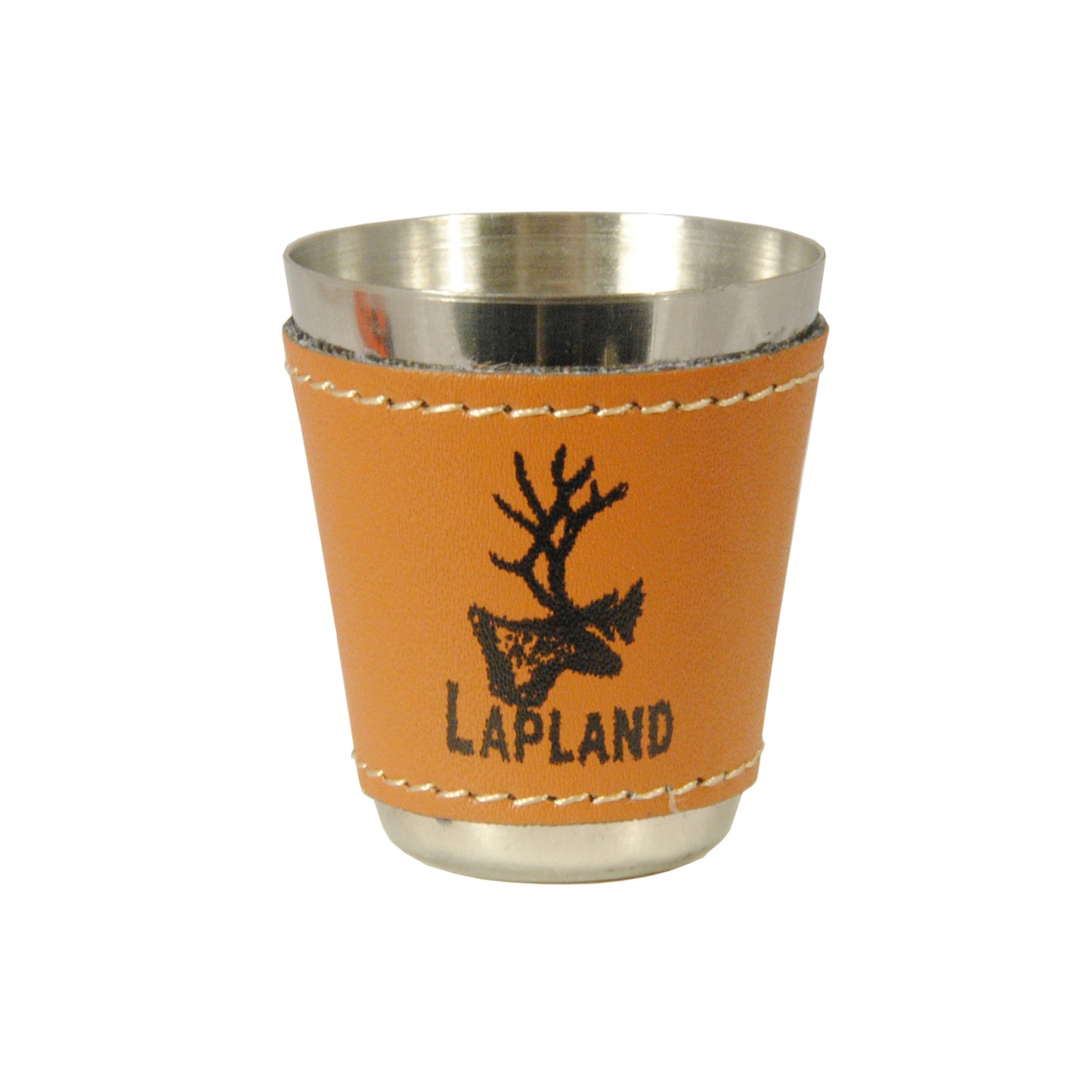 Shotsglas i metall med läderliknande hölje, dekorerat med en ren och texten "Lapland", 4,5 cm högt.