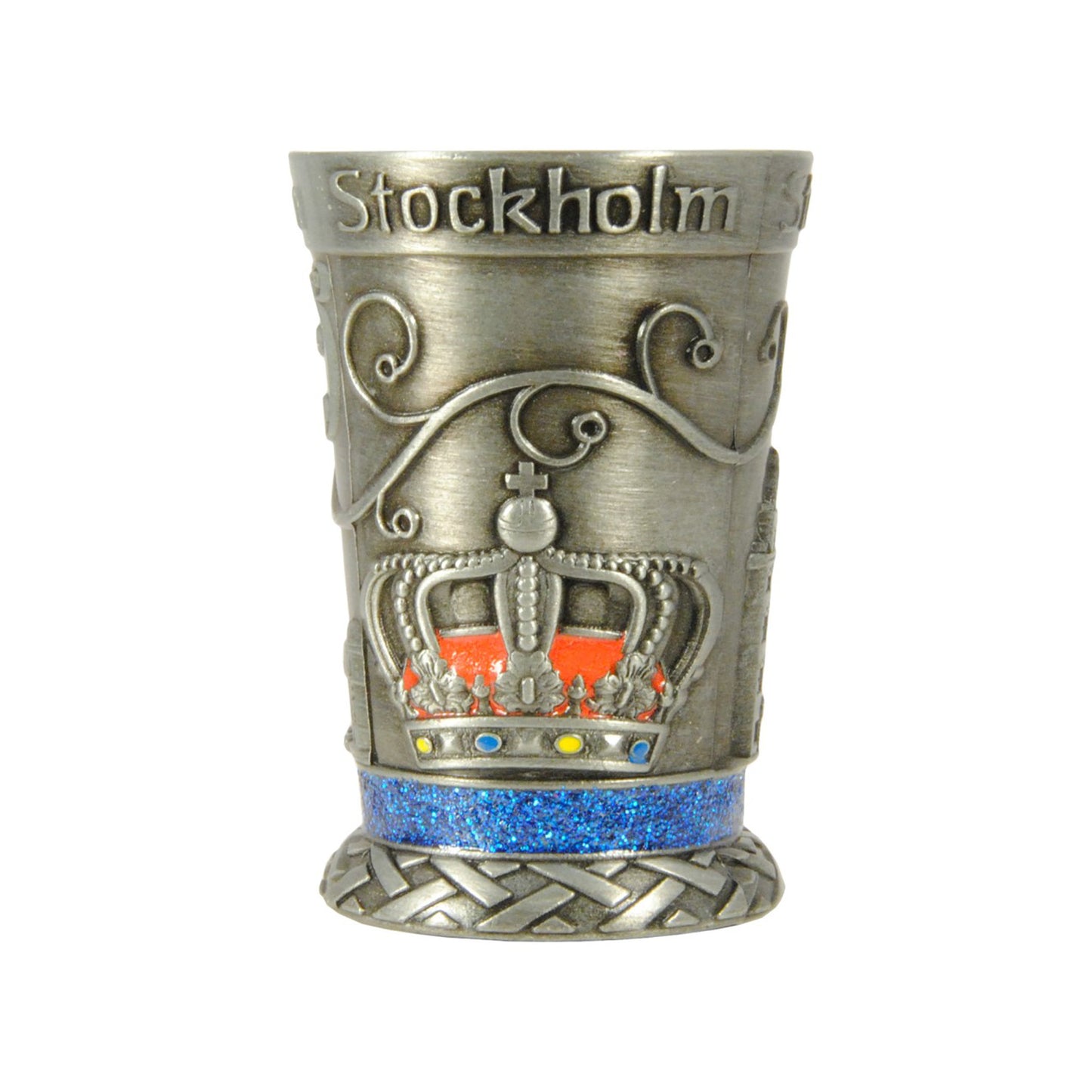 Metallshotglas med blå glitterkristaller och motiv i relief av en kunglig krona – ett av tre motiv på samma glas.
