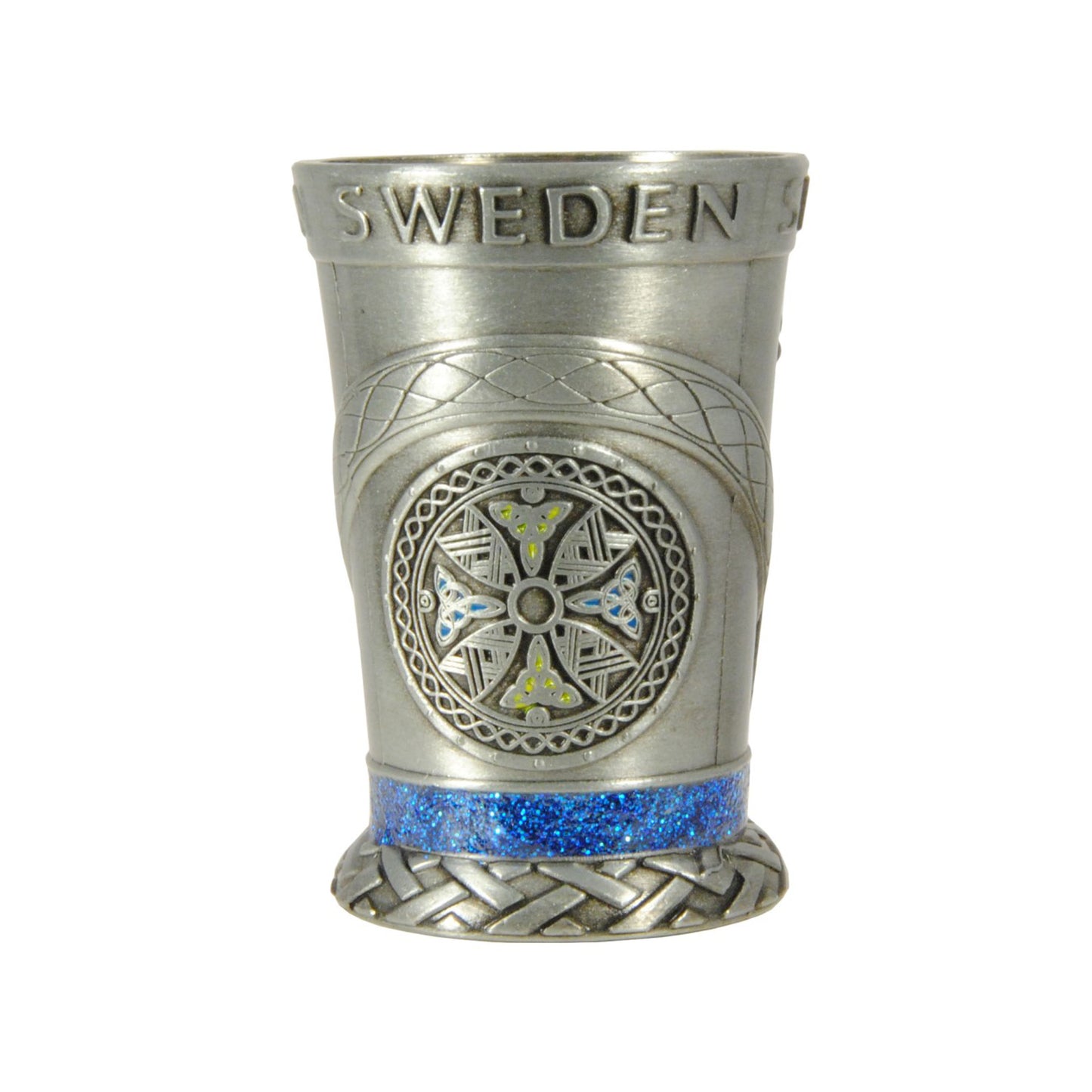 Sida av metallshotsglas med vikingasköld i relief, blå glitterkristaller och texten 'Sweden' – unik souvenir med vikingatema.