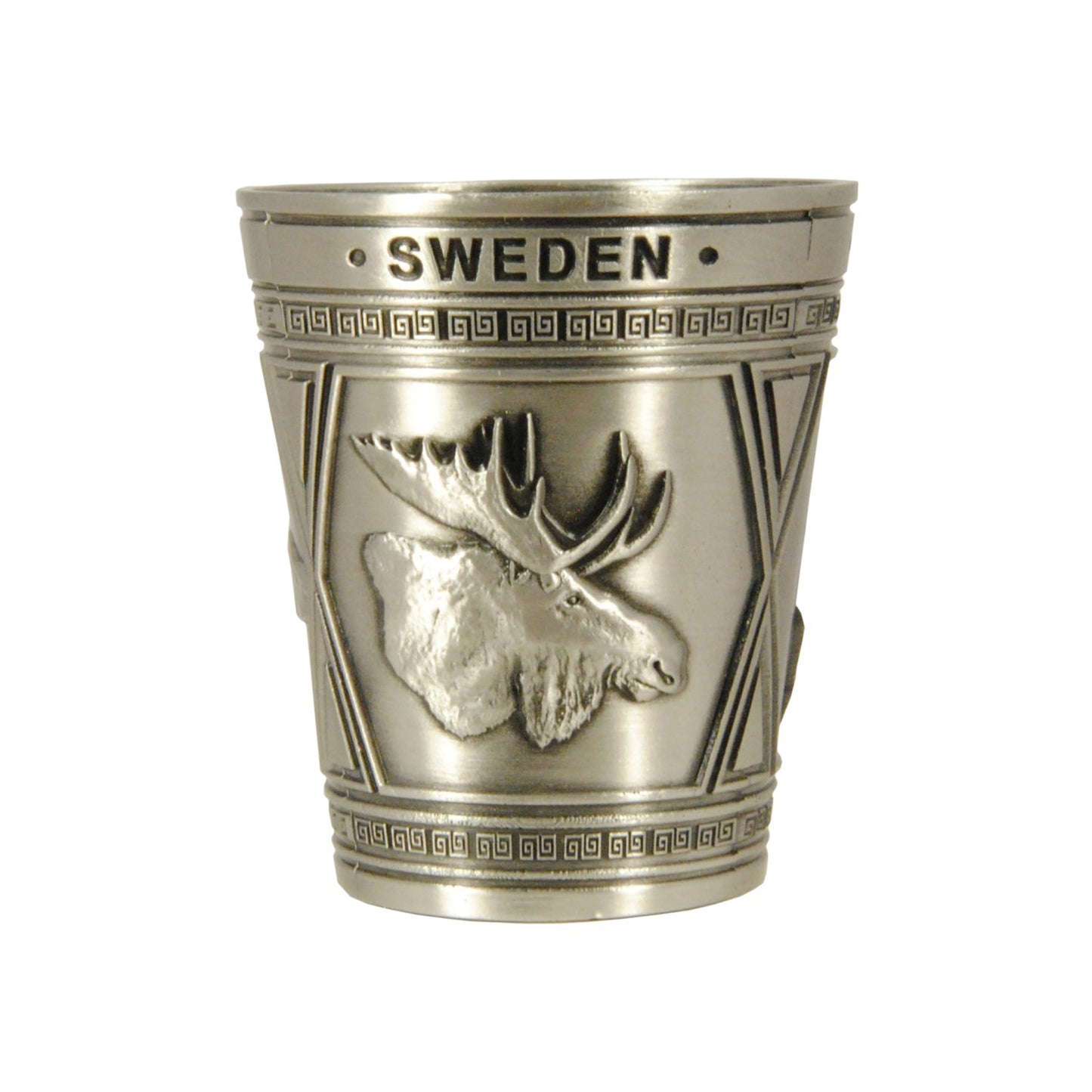 Shotglas i metall med ett av tre motiv: en älg och texten "Sweden".
