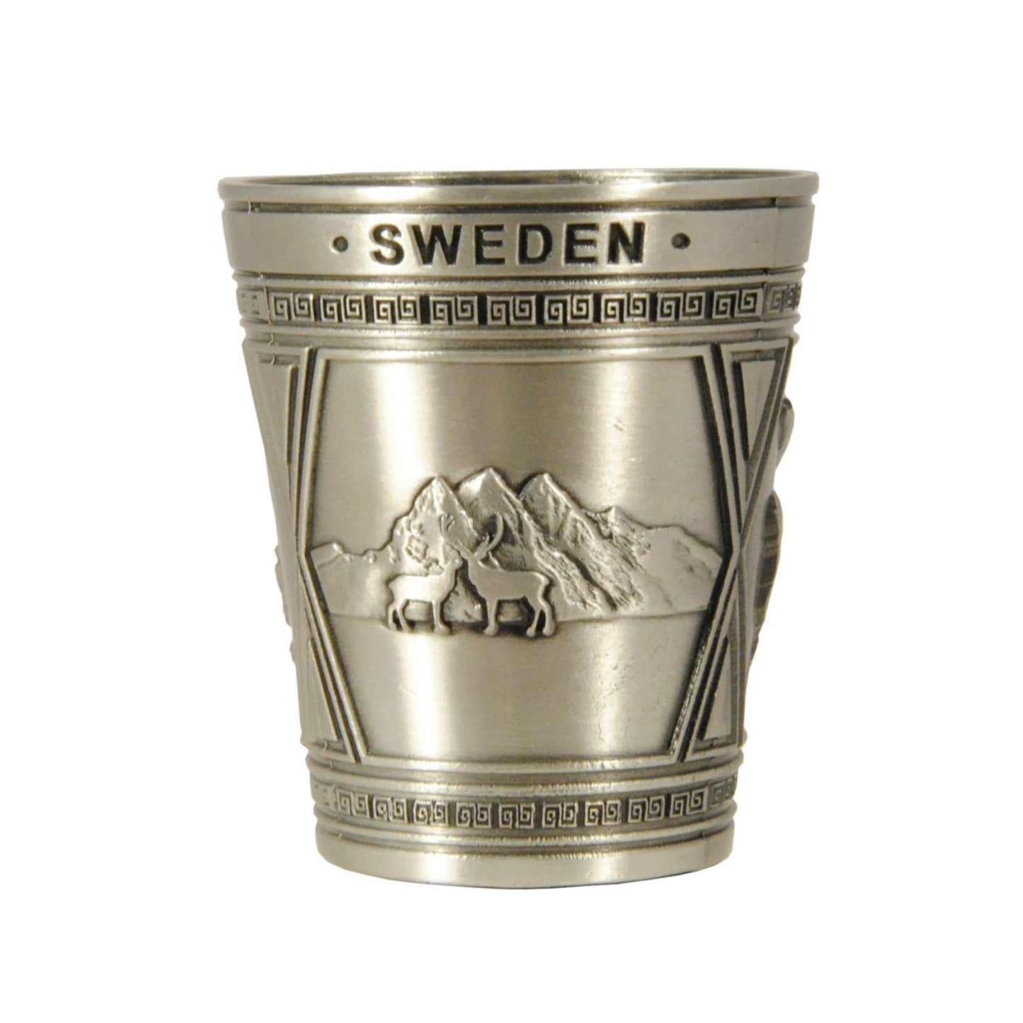 Shotglas i metall med ett av tre motiv: ett fjällandskap med två renar och texten "Sweden".