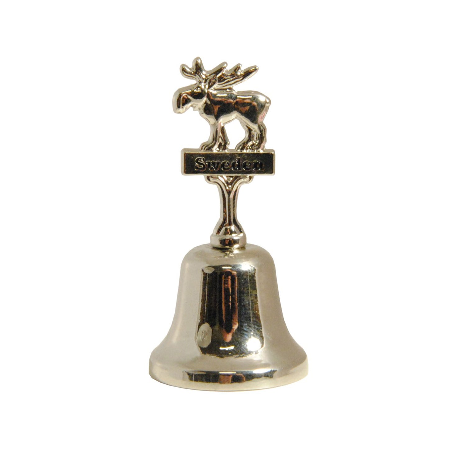 Liten souvenirklocka i metall med älg och Sweden-tryck.