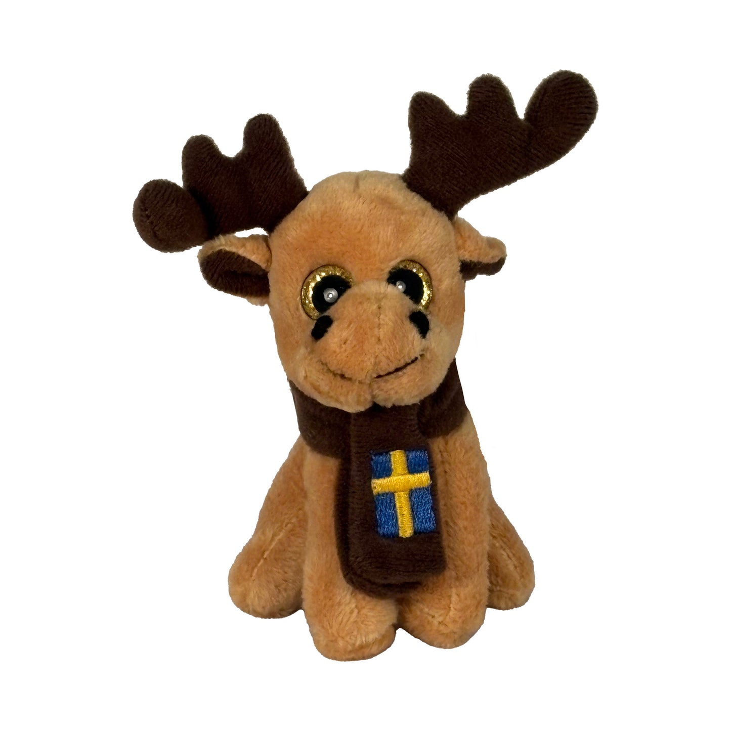 Magnet med beige gosedjursälg iklädd brun halsduk med svenska flaggan.