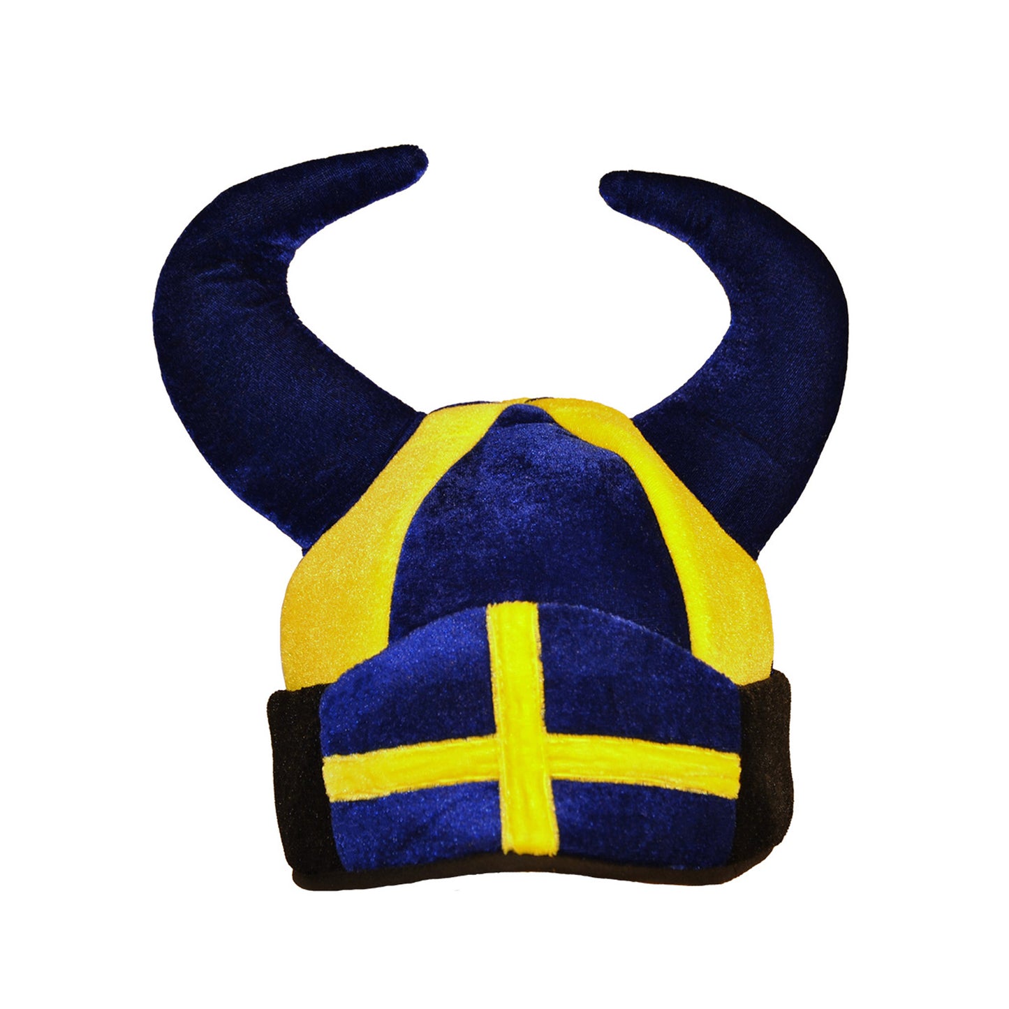 Mjuk blå-gul vikingamössa med ställbar storlek, svensk flagga och blå horn.